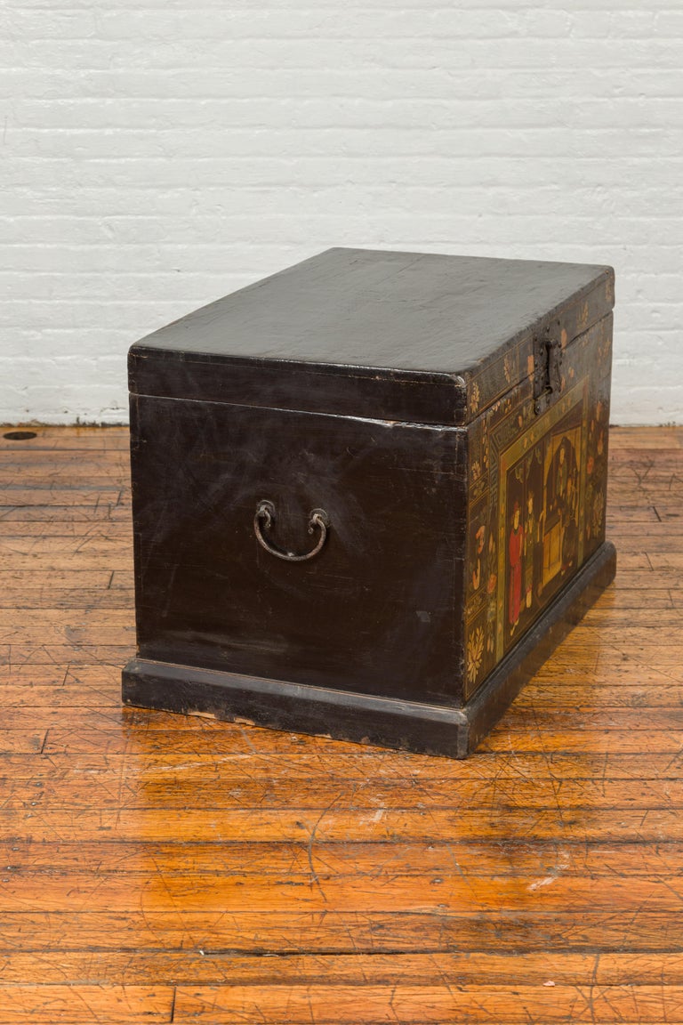 Chinese Antique Black Lacquered Dowry Chest with Polychrome Ceremonial