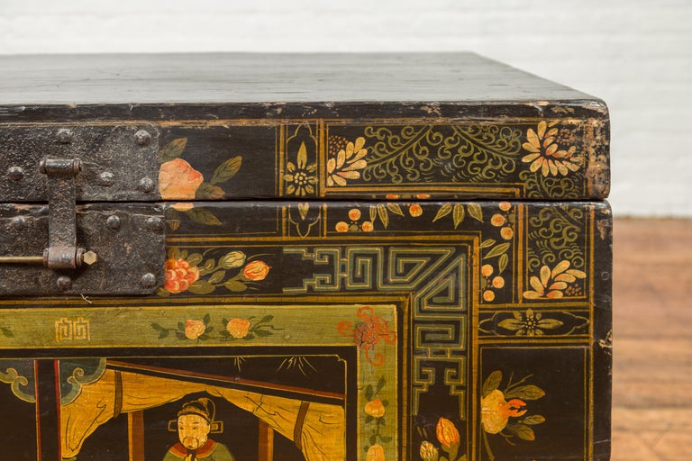 Chinese Antique Black Lacquered Dowry Chest with Polychrome Ceremonial