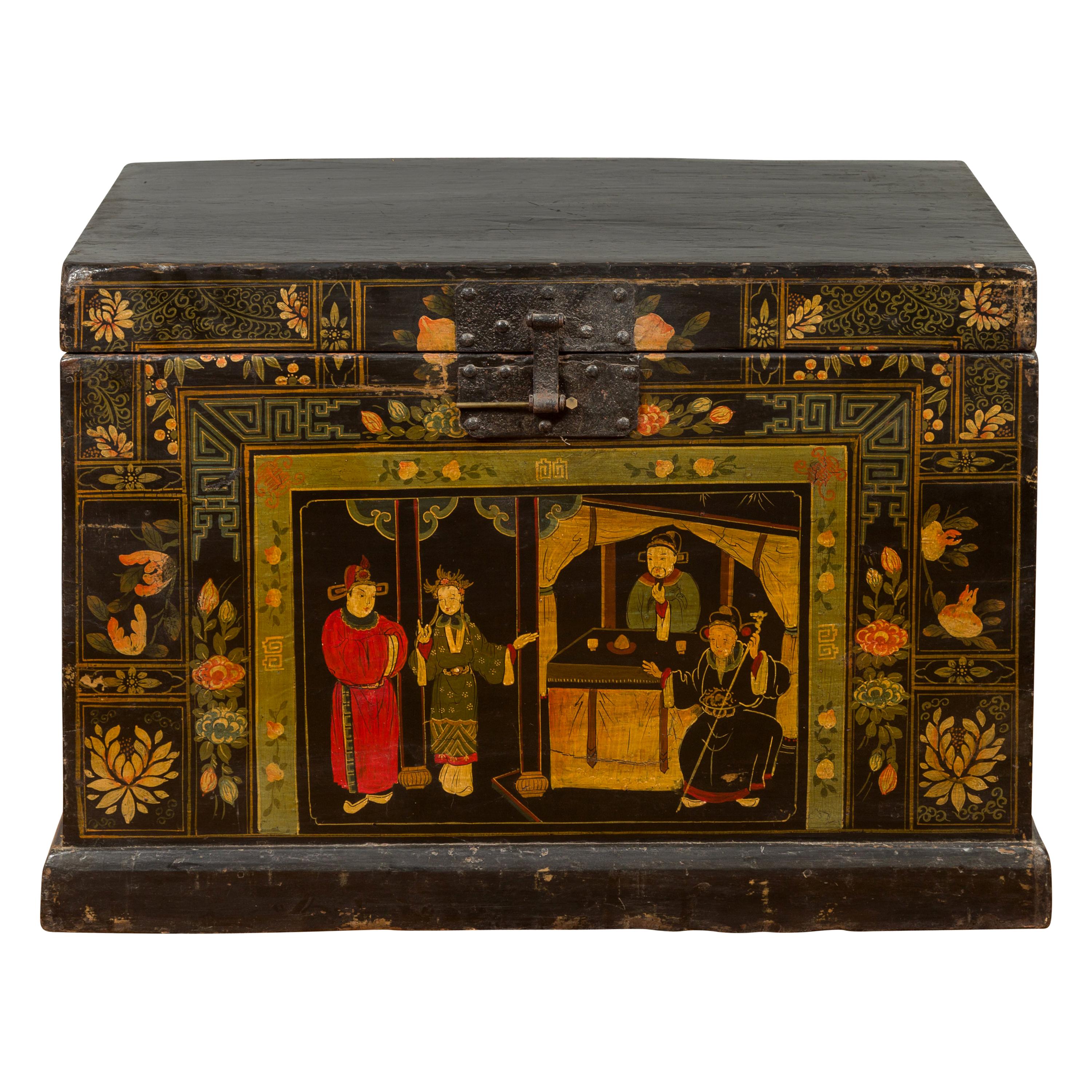 Chinese Antique Black Lacquered Dowry Chest with Polychrome Ceremonial