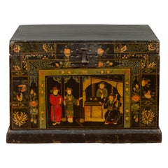 Chinese Antique Black Lacquered Dowry Chest with Polychrome Ceremonial Figures