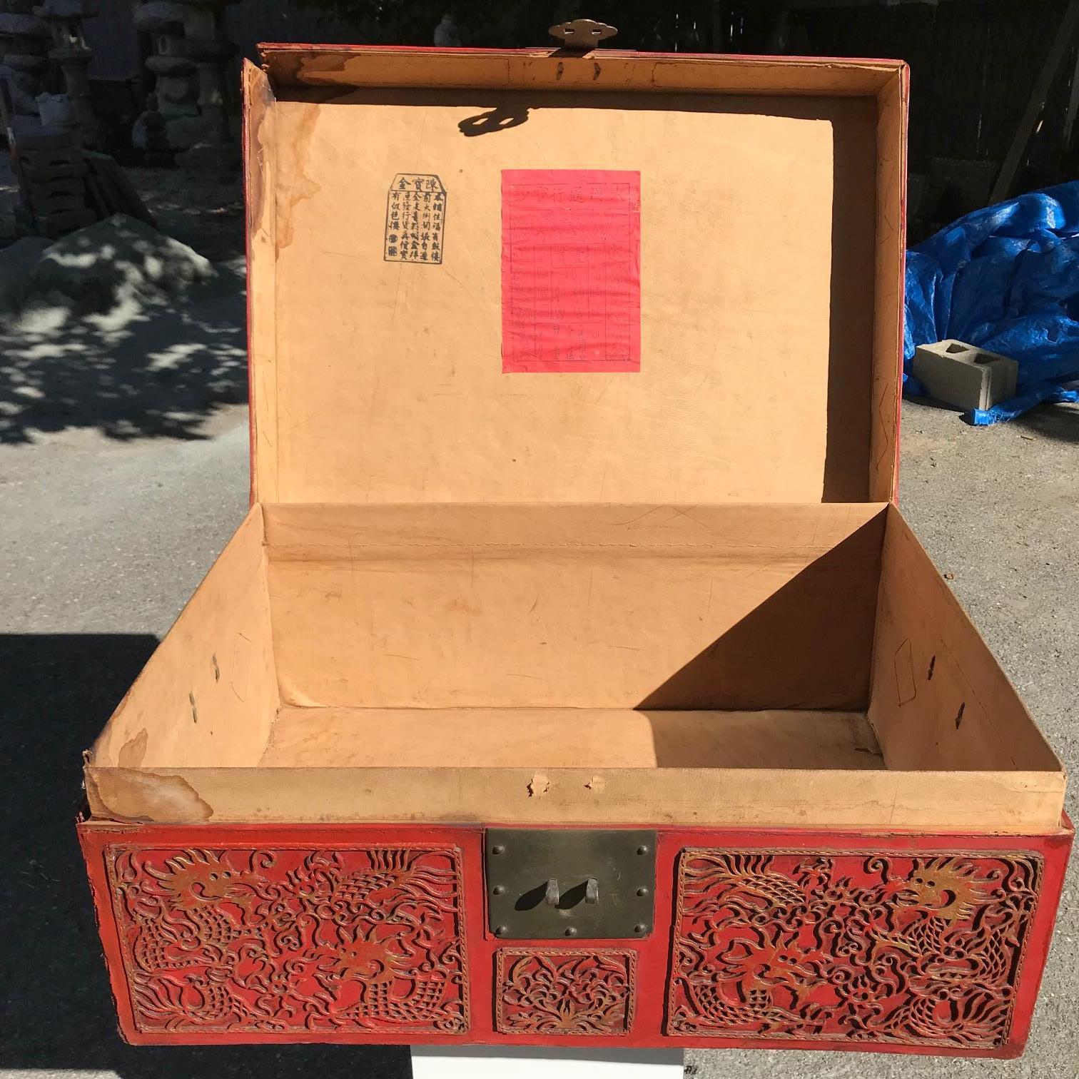 Chinese Antique Brilliant Red Lucky Leather Storage Trunk, Qing Dynasty 7