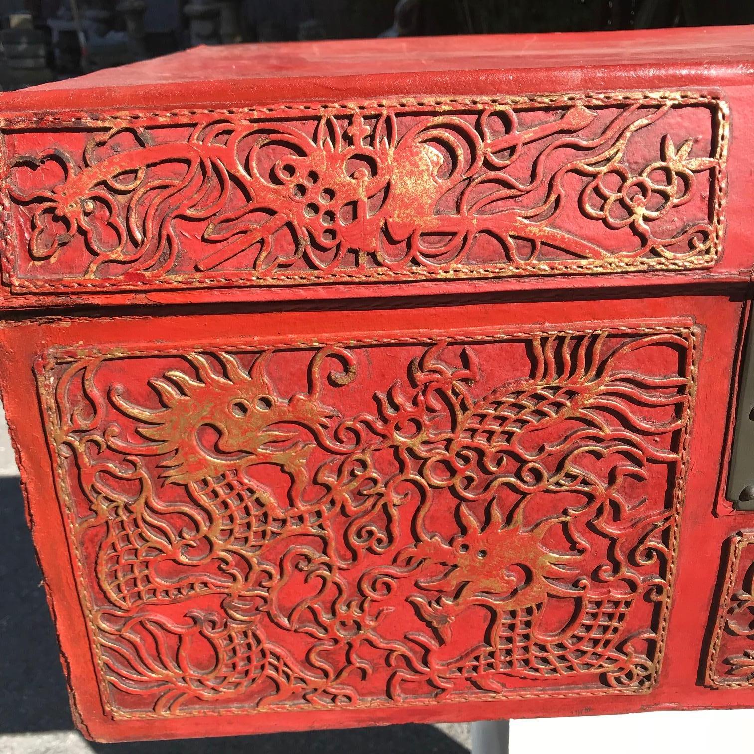 Hand-Crafted Chinese Antique Brilliant Red Lucky Leather Storage Trunk, Qing Dynasty