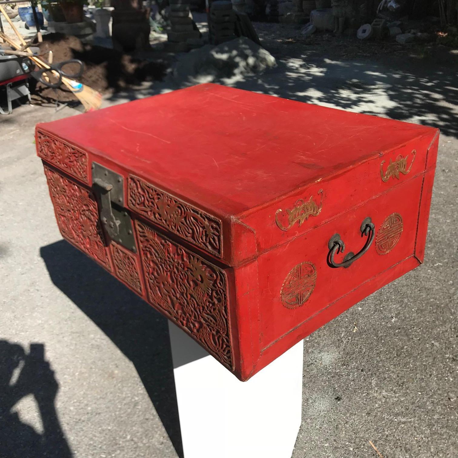 19th Century Chinese Antique Brilliant Red Lucky Leather Storage Trunk, Qing Dynasty