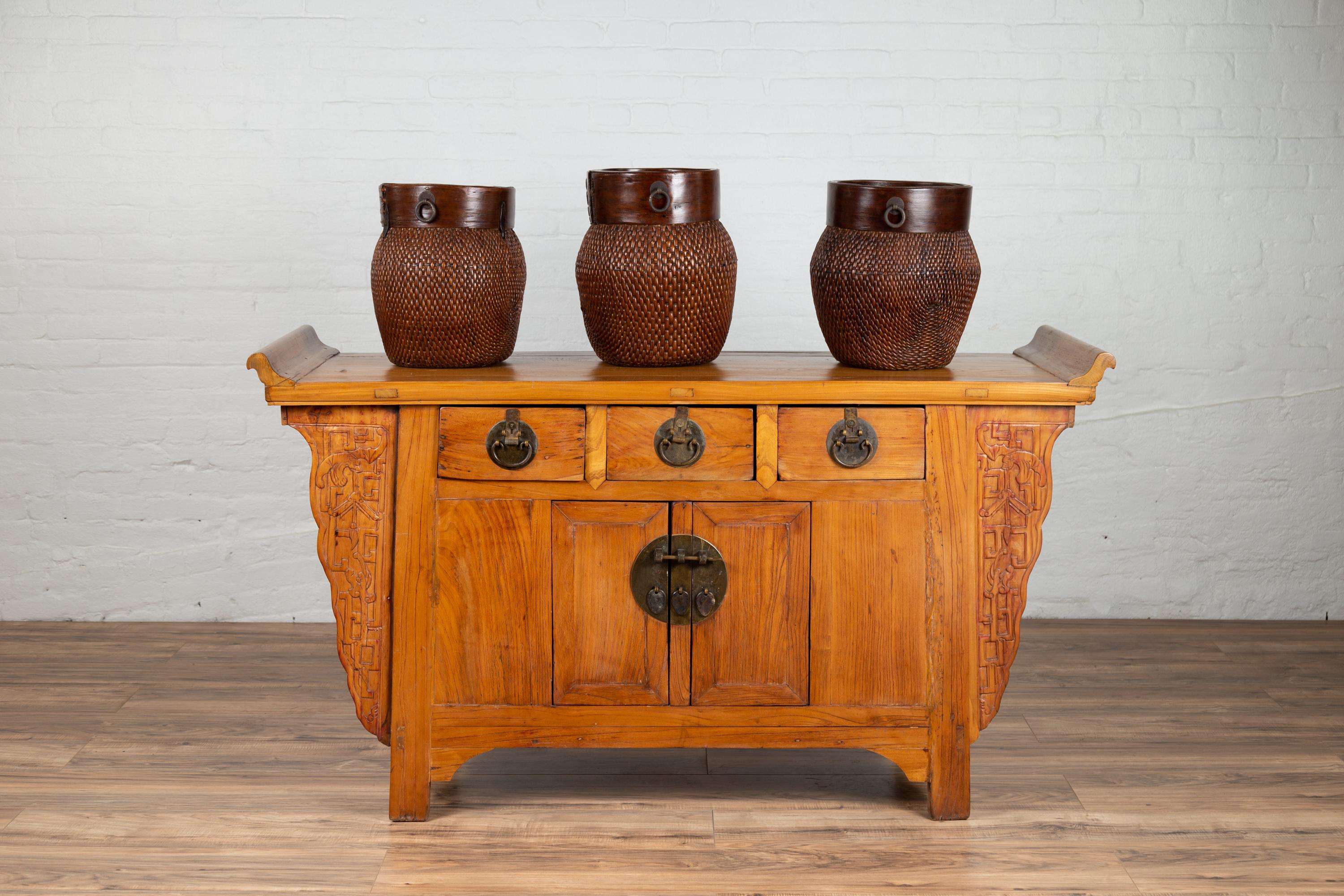 Chinese Antique Carved Altar Cabinet with Everted Flanges, Doors and Drawers 10