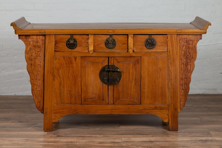 Chinese Antique Carved Altar Cabinet With Everted Flanges Doors