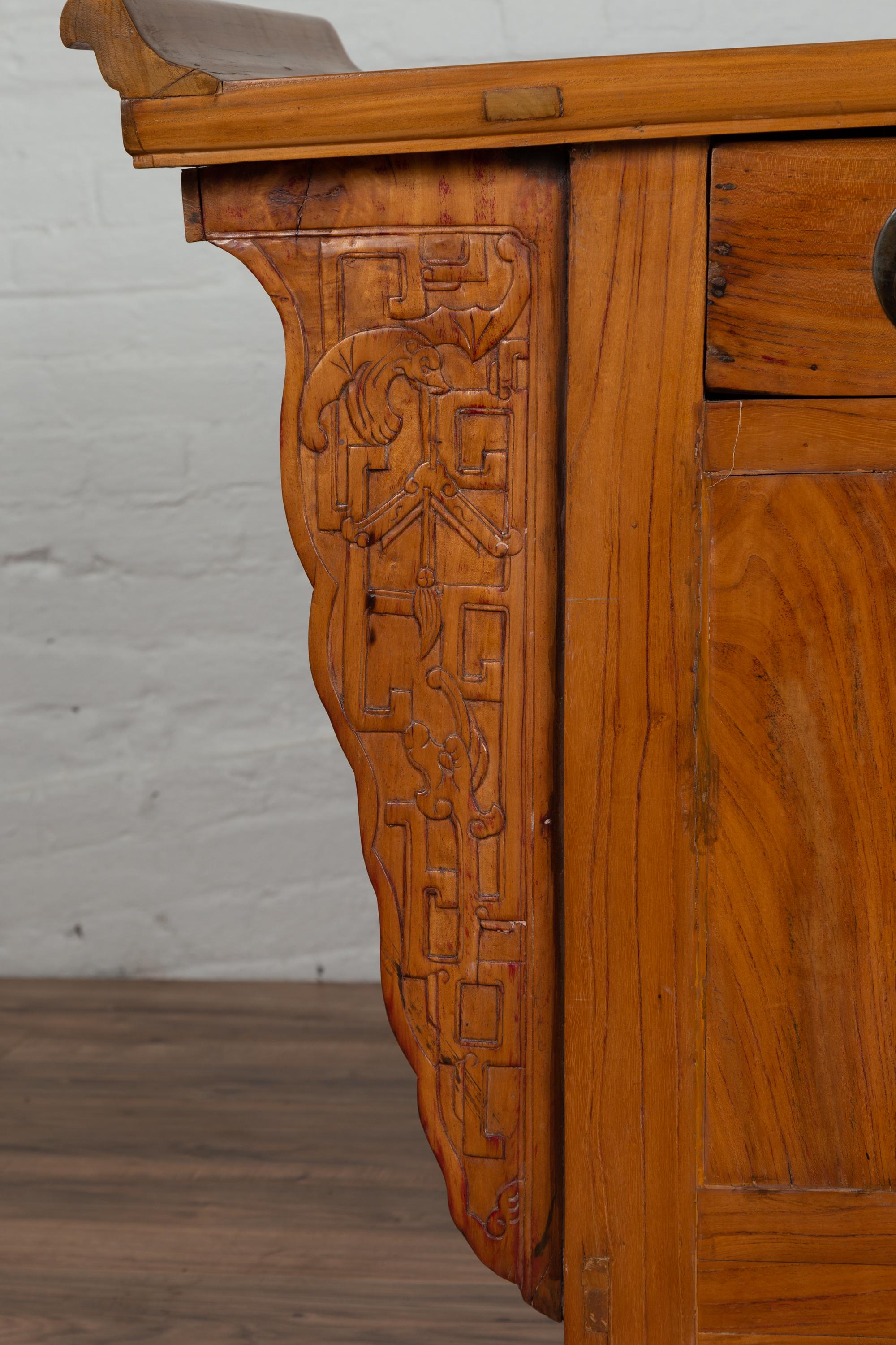 Chinese Antique Carved Altar Cabinet with Everted Flanges, Doors and Drawers In Good Condition In Yonkers, NY