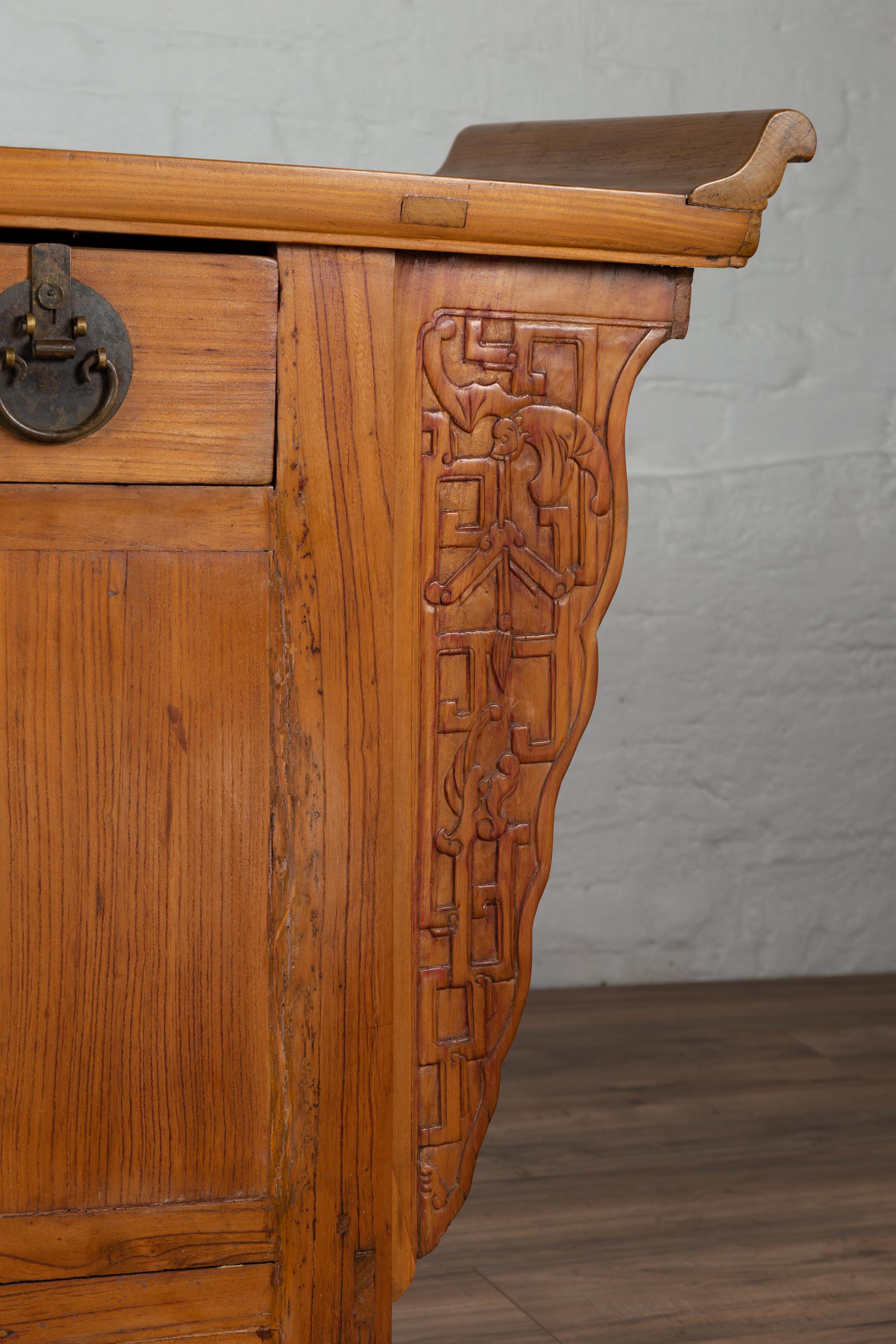 19th Century Chinese Antique Carved Altar Cabinet with Everted Flanges, Doors and Drawers