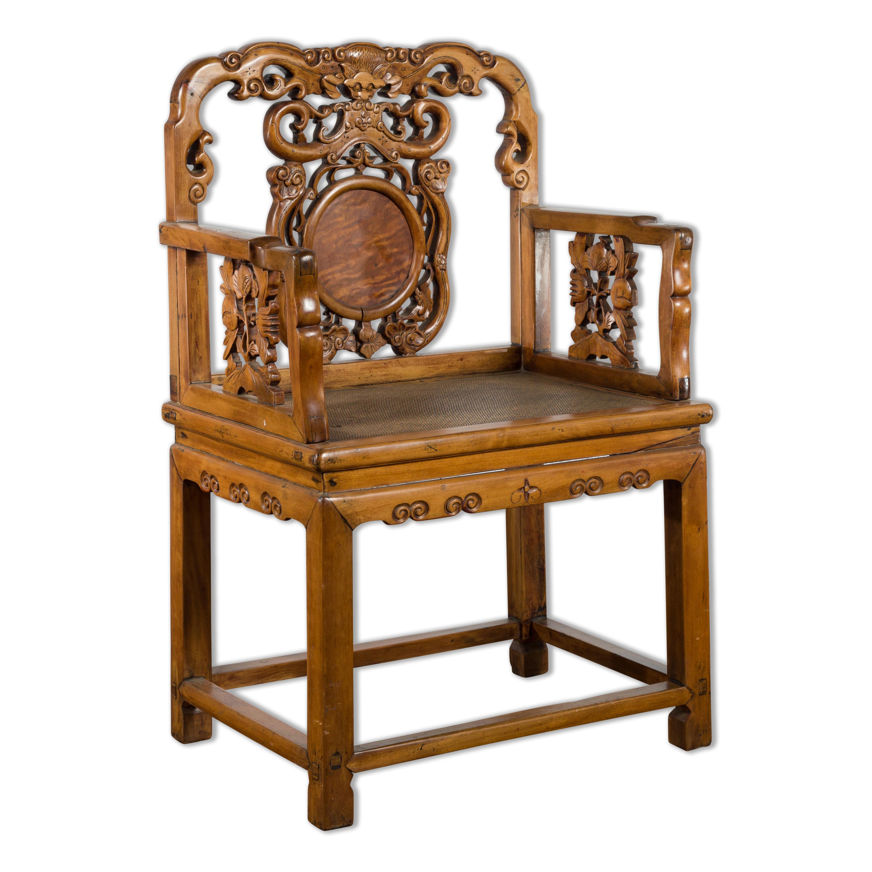 Chinese Antique Carved Wood Armchair with Medallion, Mythical Animal and Clouds For Sale 10