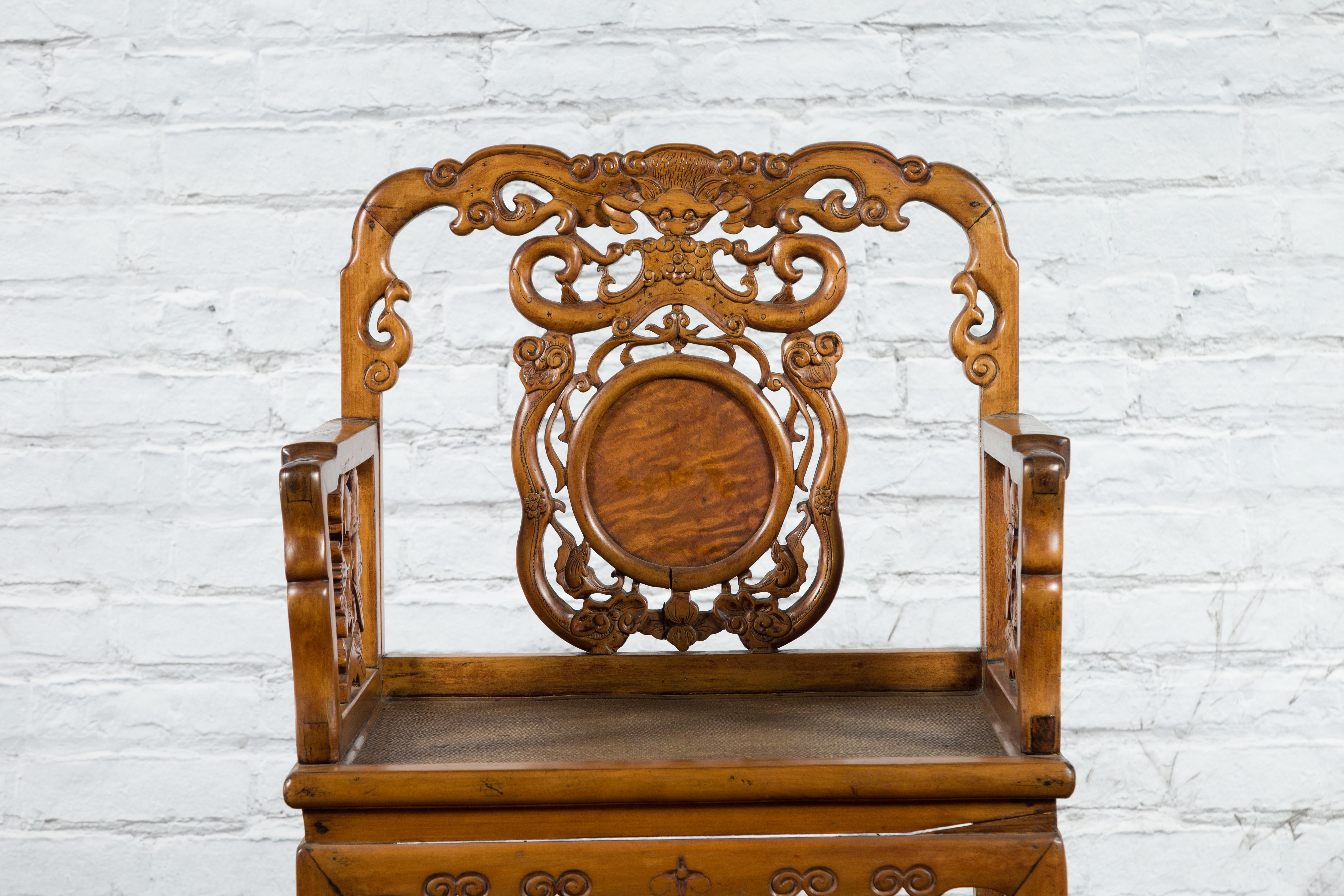 Hand-Carved Chinese Antique Carved Wood Armchair with Medallion, Mythical Animal and Clouds For Sale