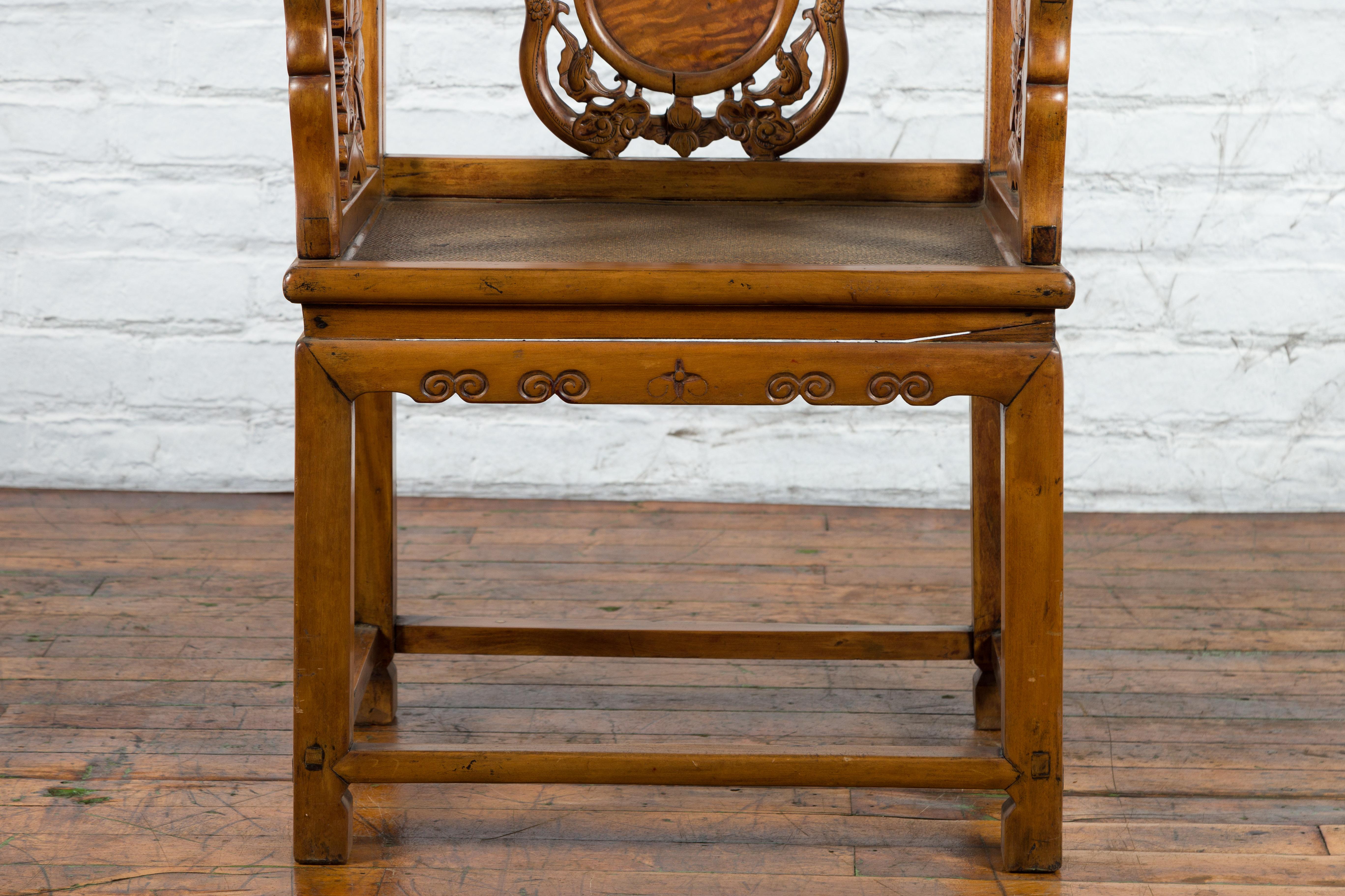 Chinese Antique Carved Wood Armchair with Medallion, Mythical Animal and Clouds In Good Condition For Sale In Yonkers, NY