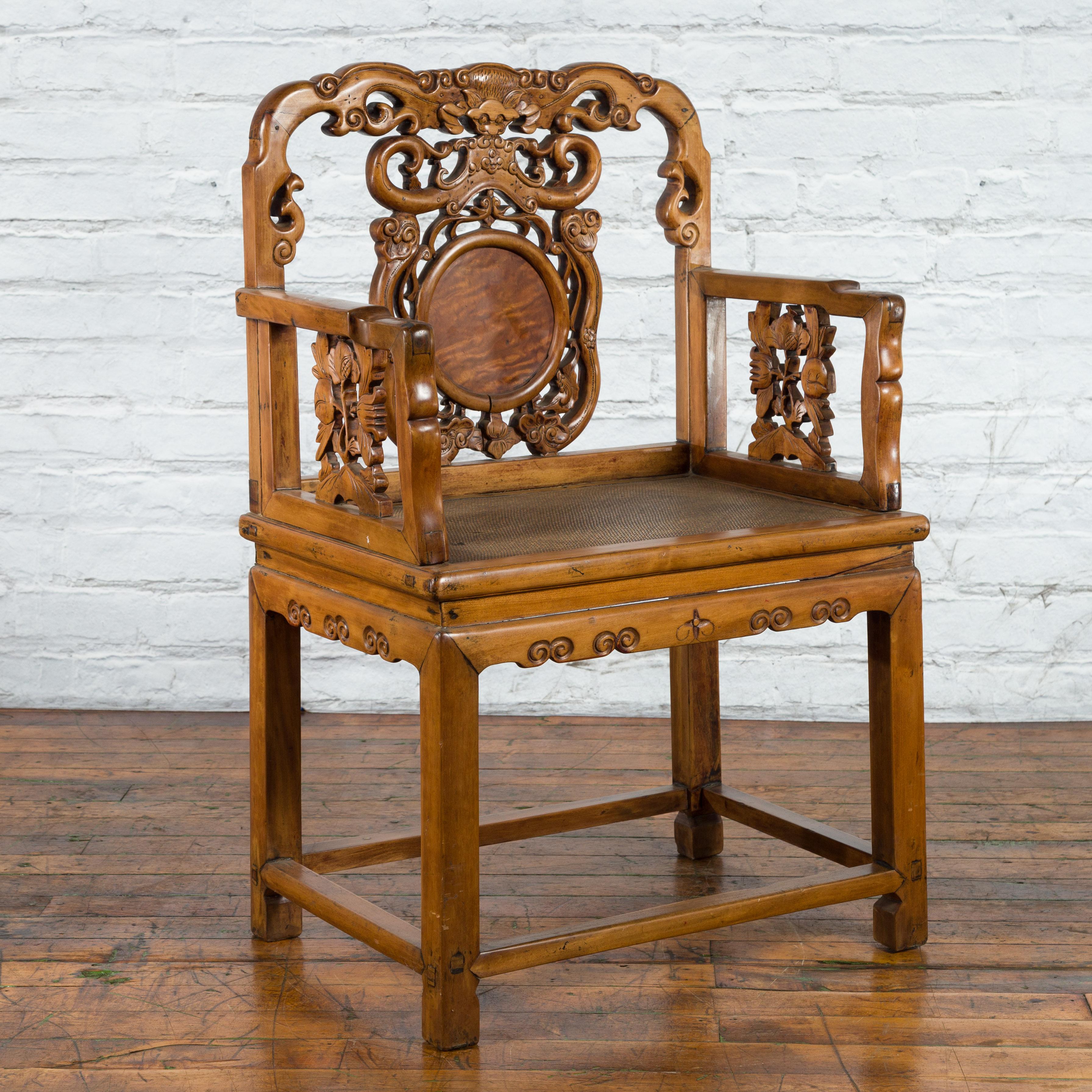 Chinese Antique Carved Wood Armchair with Medallion, Mythical Animal and Clouds For Sale 2