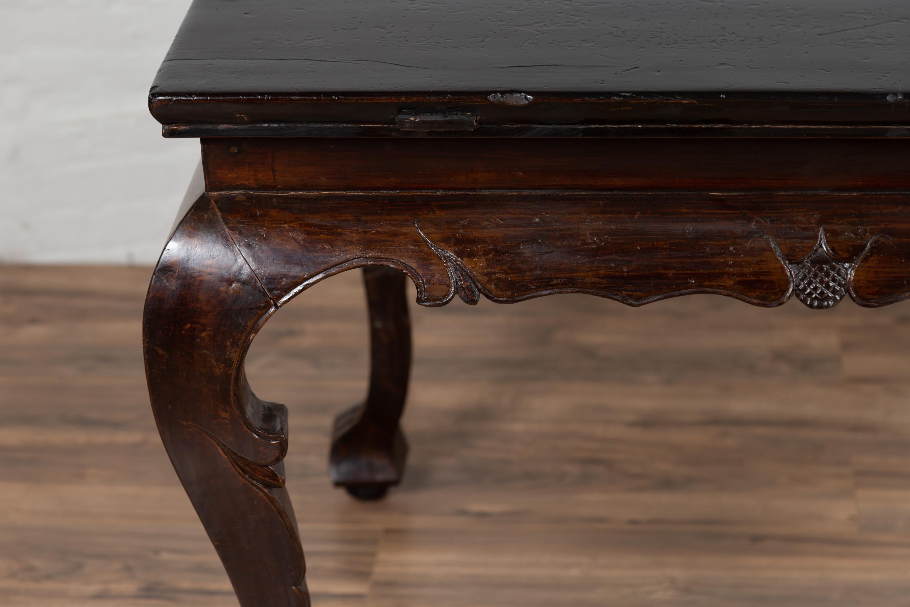 Wood Chinese Antique Center Hall Table with Black Lacquered Top and Cabriole Legs For Sale