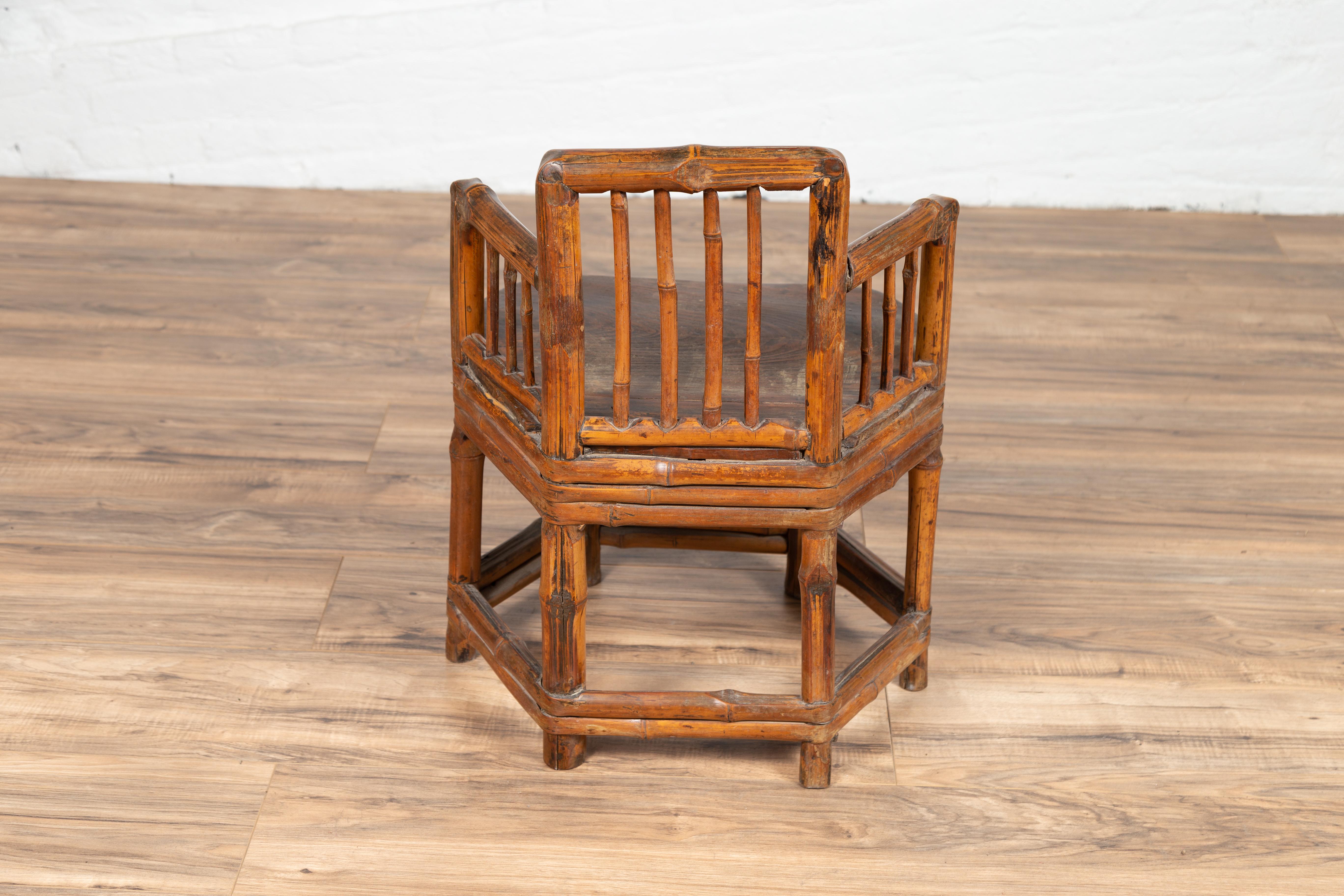 Chinese Antique Child's Corner Chair with Bamboo Frame and Hexagonal Base For Sale 4