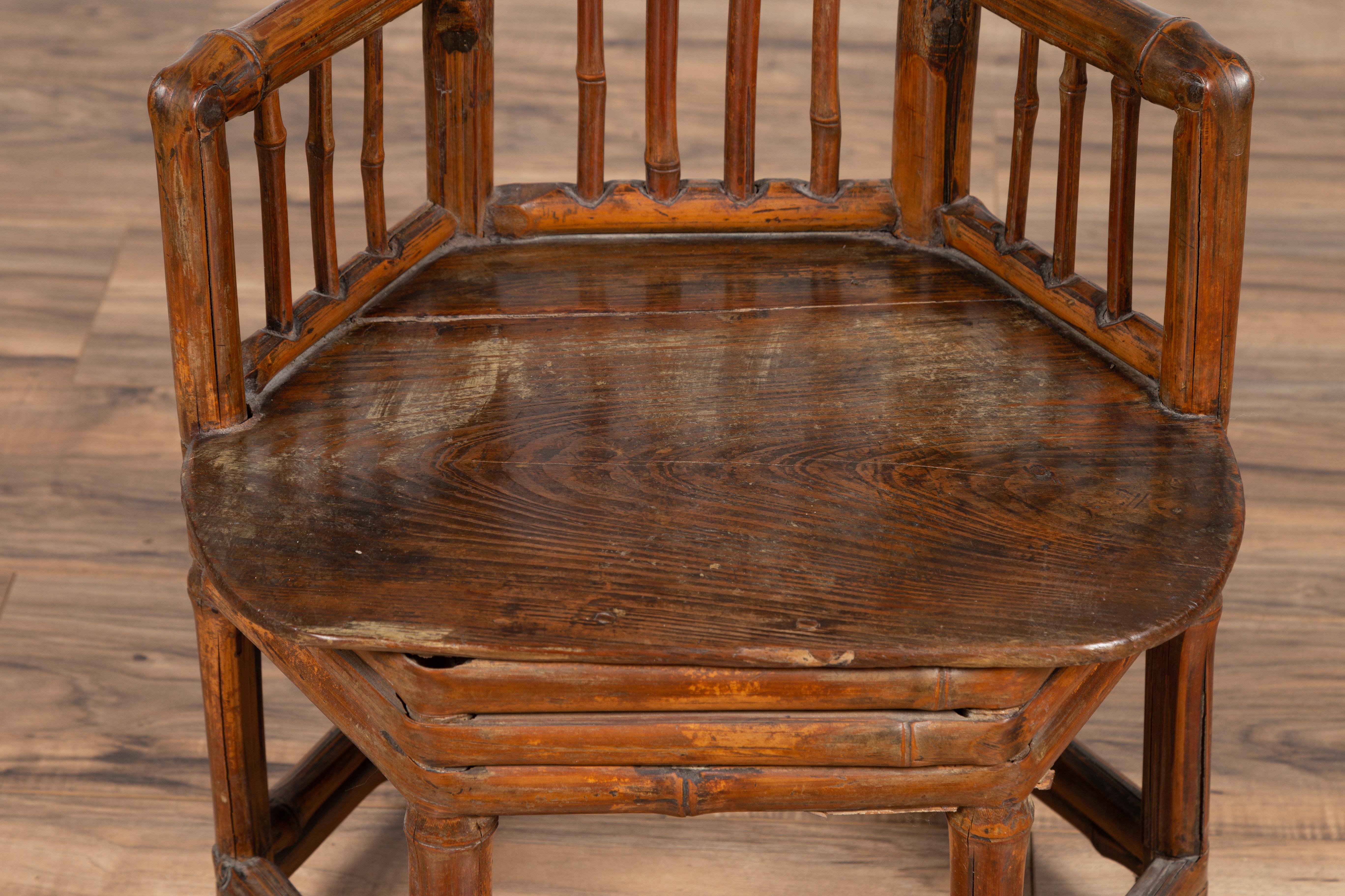 Rustic Chinese Antique Child's Corner Chair with Bamboo Frame and Hexagonal Base For Sale