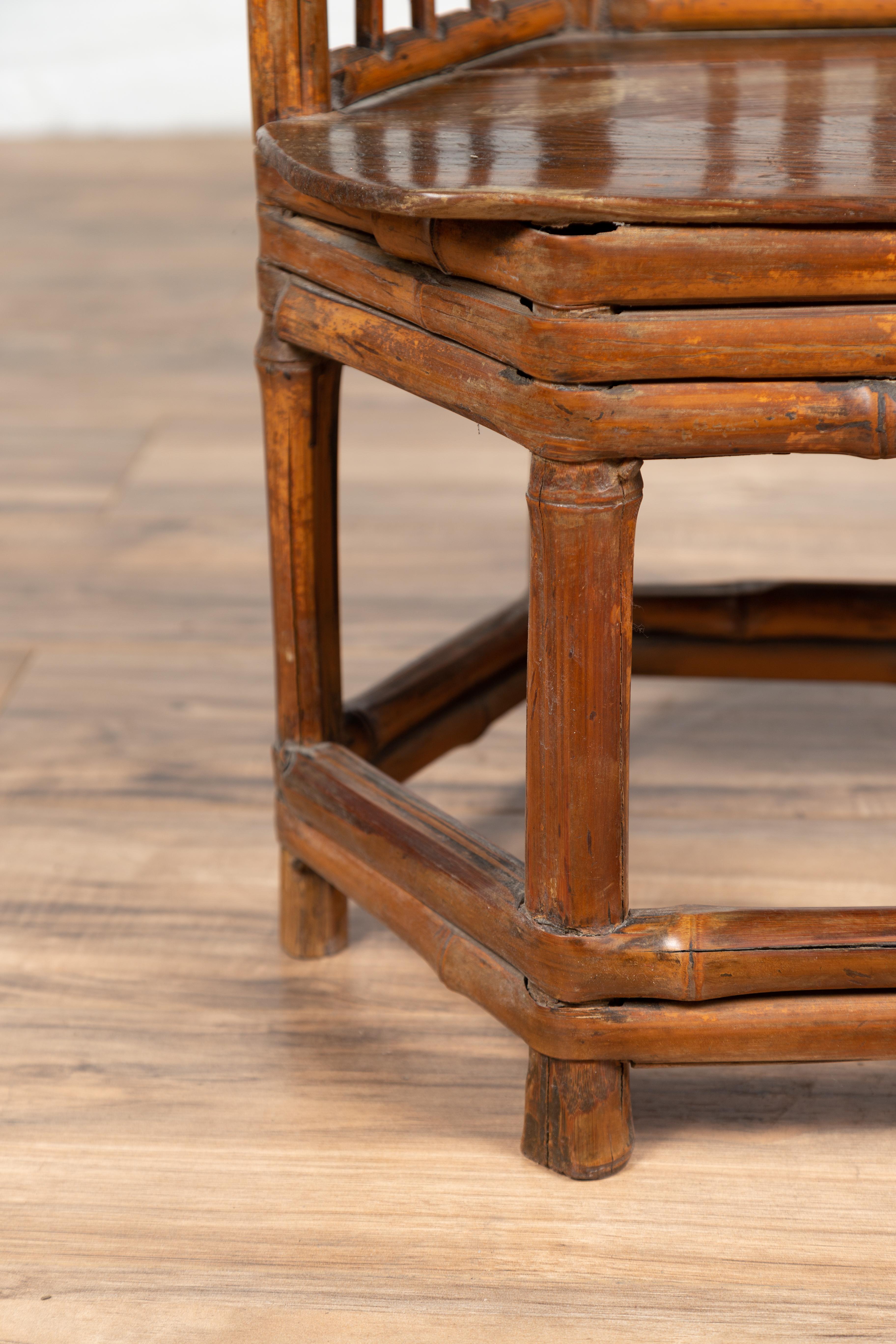 19th Century Chinese Antique Child's Corner Chair with Bamboo Frame and Hexagonal Base For Sale