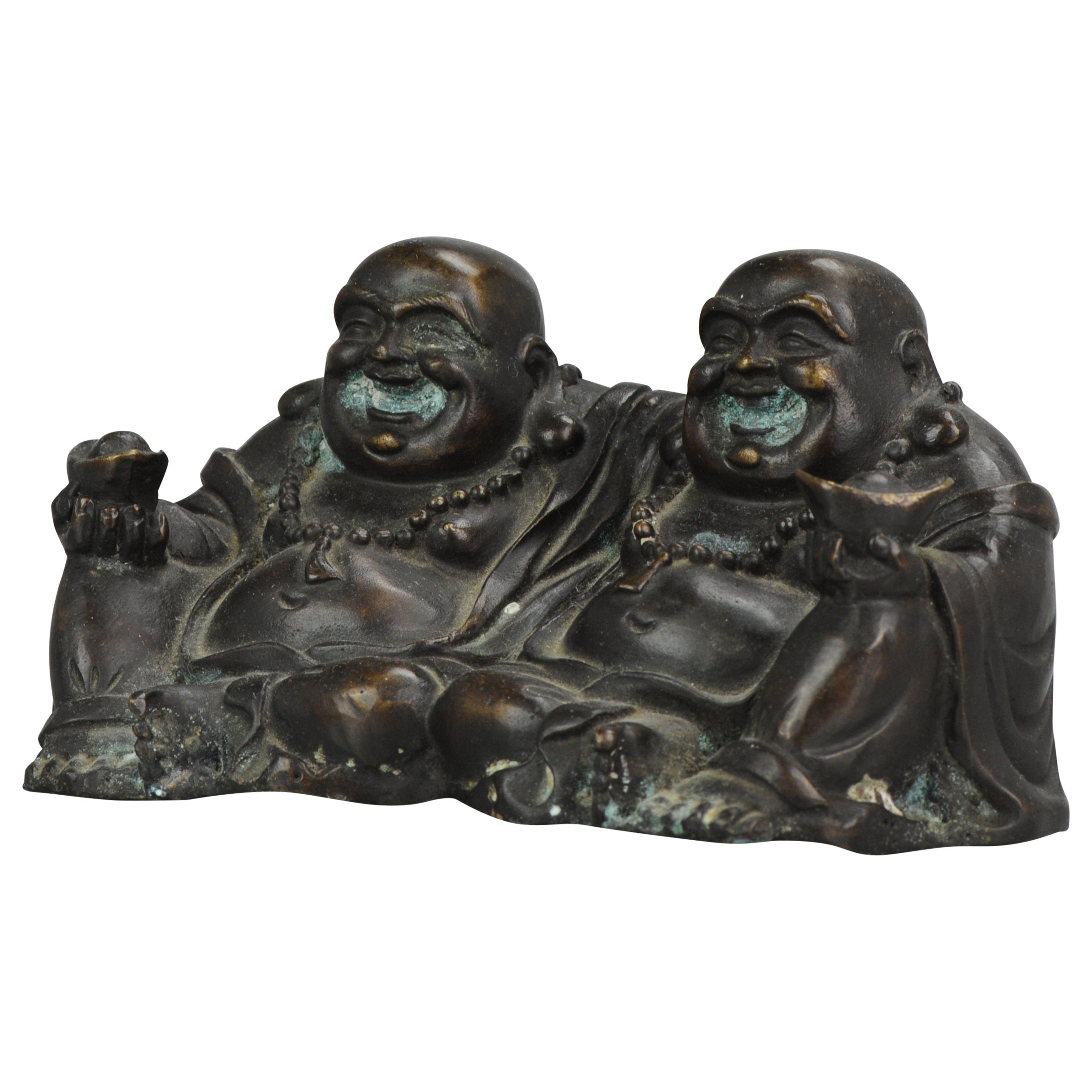 Statue de Bouddha riant chinoise ancienne en bronze chinois, vers 1900