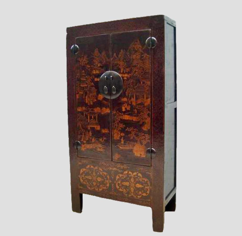 Adorned with hand painted intricate people, garden, surrounding nature, and decorative patterns on the doors and drawers, this antique cabinet exemplifies the concept of Chinese aesthetics. Muted reddish brown tones with gilded painting and