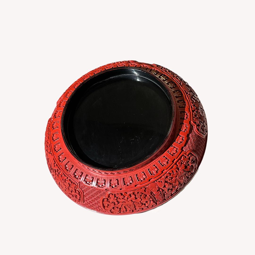 Hand-Carved Chinese Antique Cinnabar Lacquer Round Box with Eight Hermit Design, Qing Period For Sale