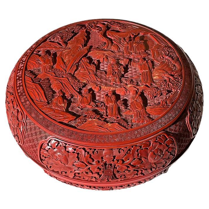 Chinese Antique Cinnabar Lacquer Round Box with Eight Hermit Design, Qing Period For Sale