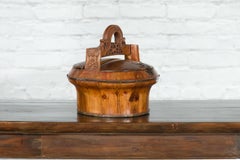 Chinese Antique Circular Wooden Basket with Floral Carved Handle