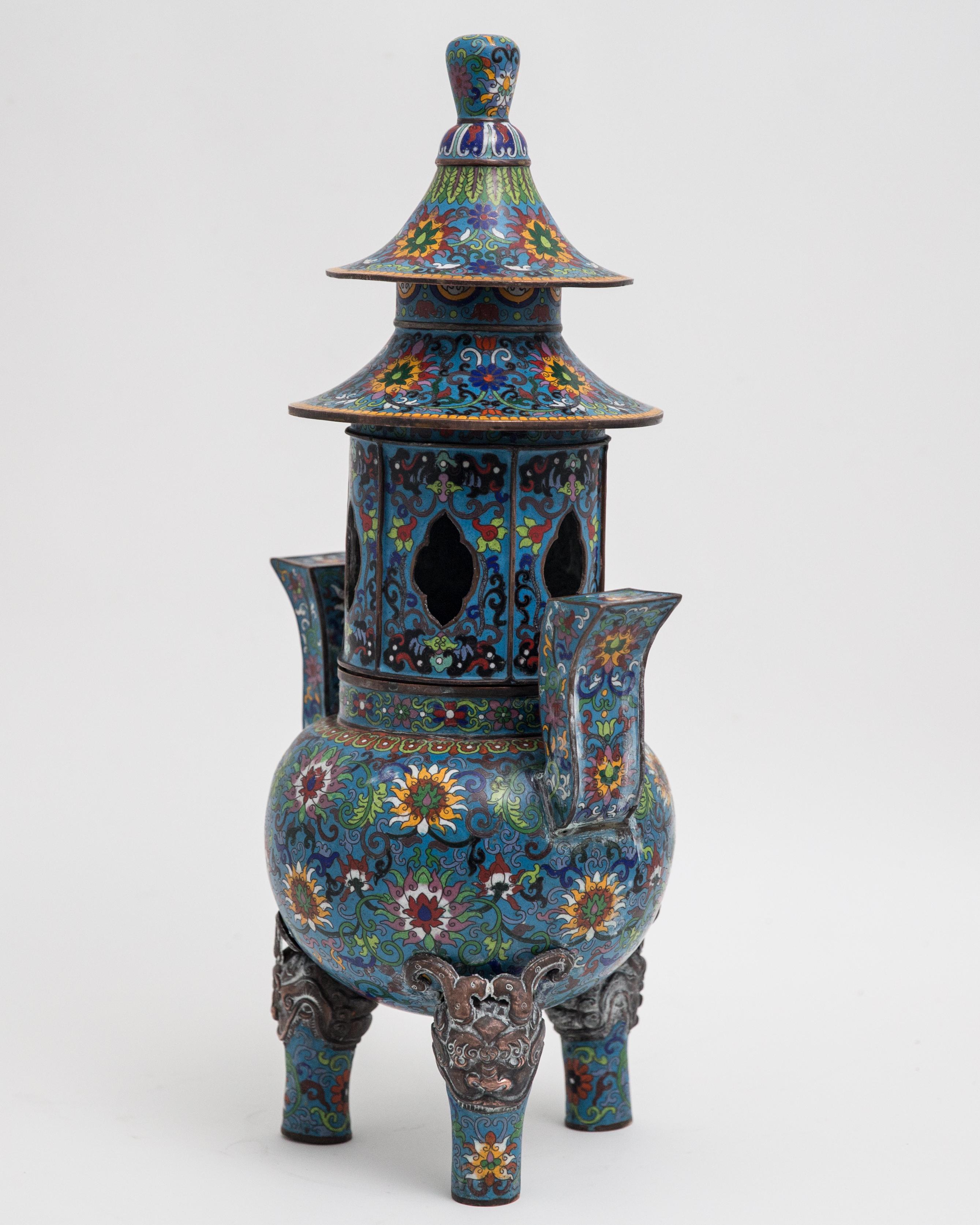 Cloissoné Chinese Antique Cloisonné Pagoda Form Temple Incense Burner