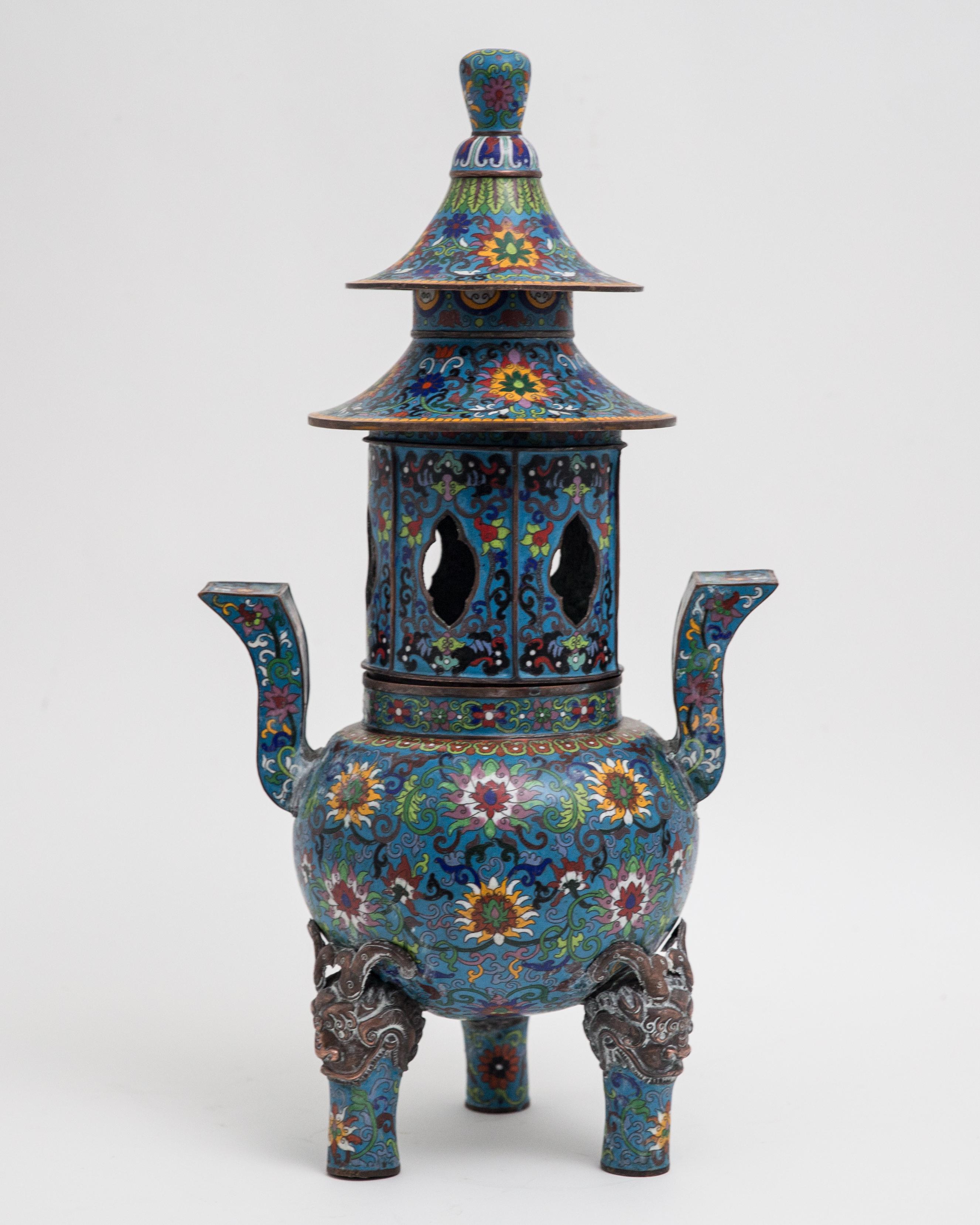 Chinese Antique Cloisonné Pagoda Form Temple Incense Burner In Good Condition In Hudson, NY