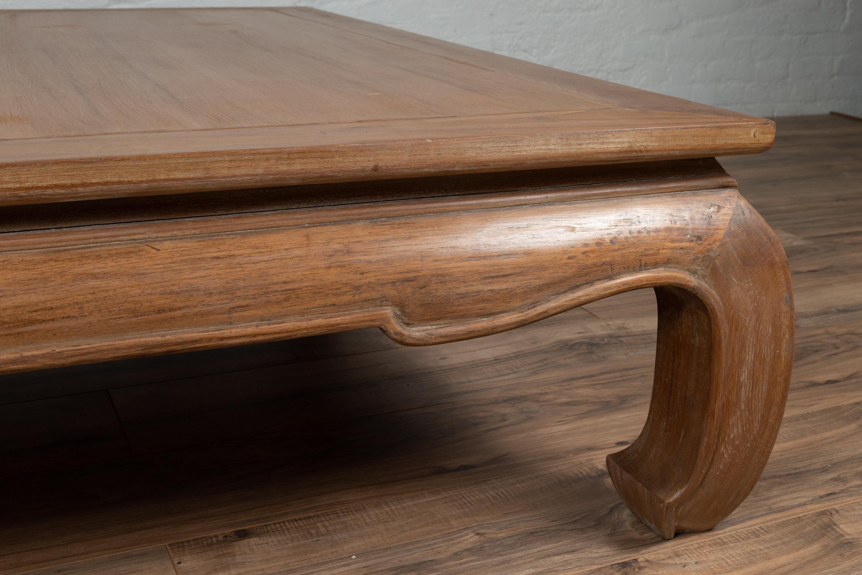 Wood Chinese Antique Coffee Table with Natural Patina, Bulging Legs and Waisted Apron