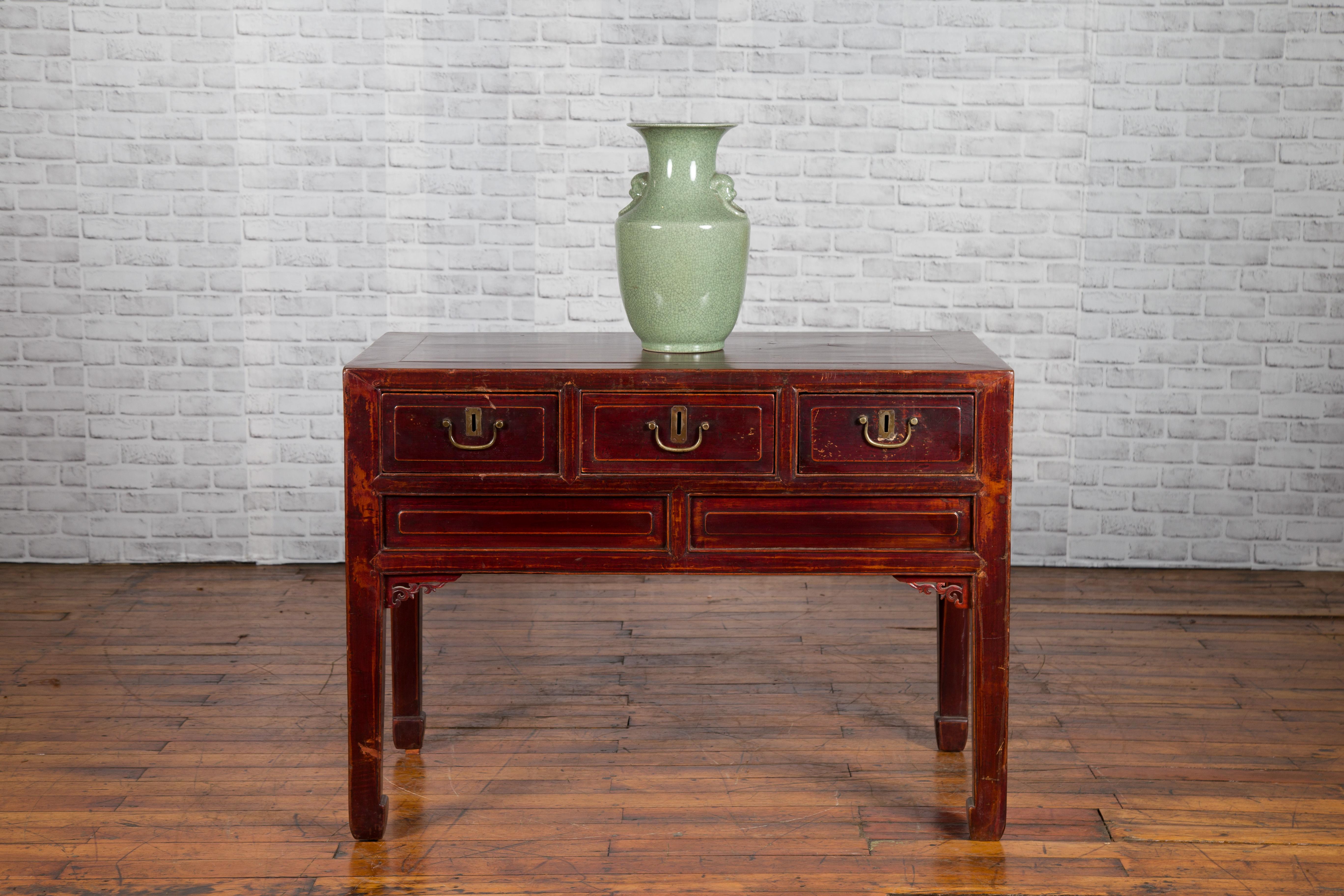 Chinese Antique Console Table with Drawers, Horse Hoof Legs and Dark Red Patina For Sale 2