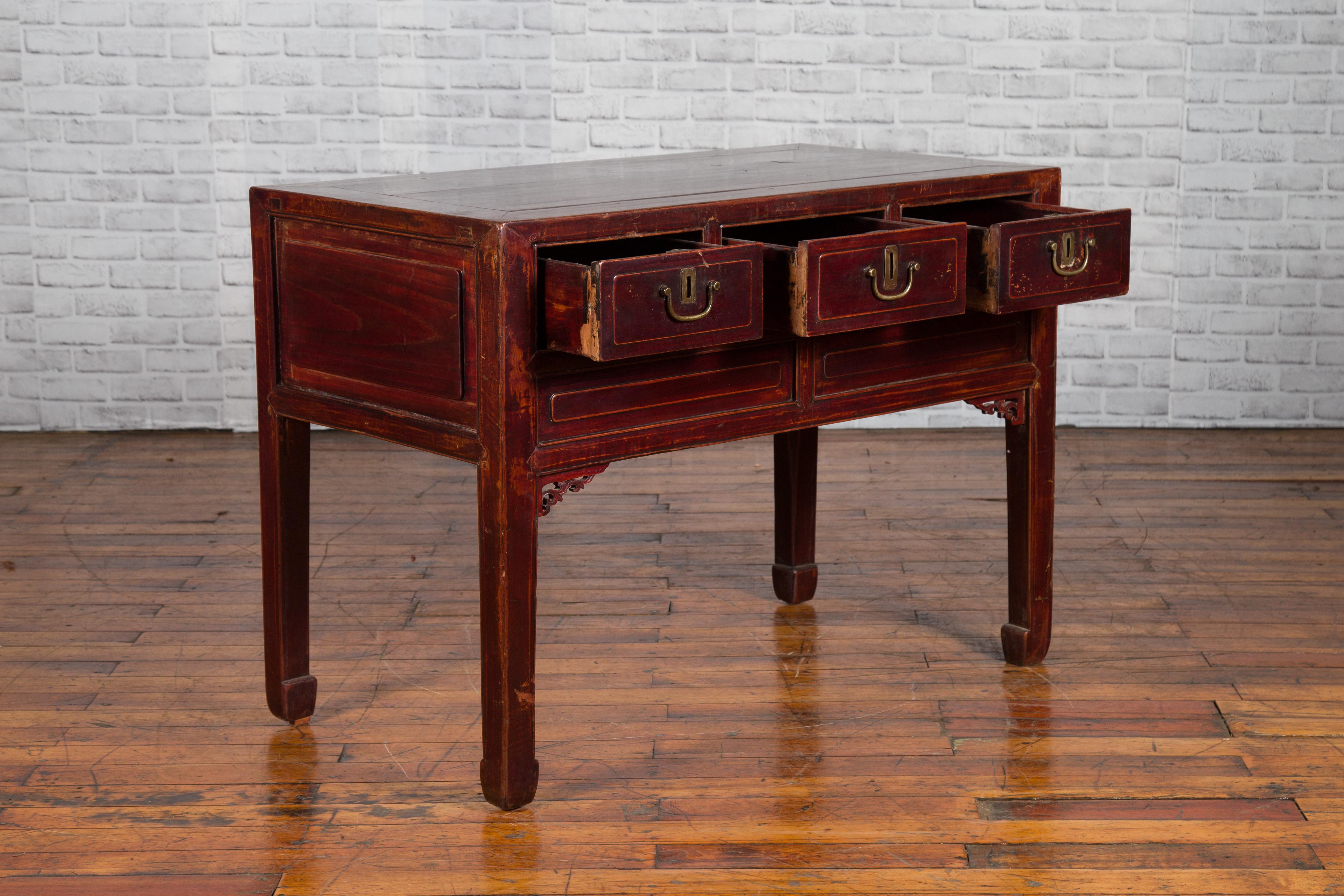Chinese Antique Console Table with Drawers, Horse Hoof Legs and Dark Red Patina For Sale 3