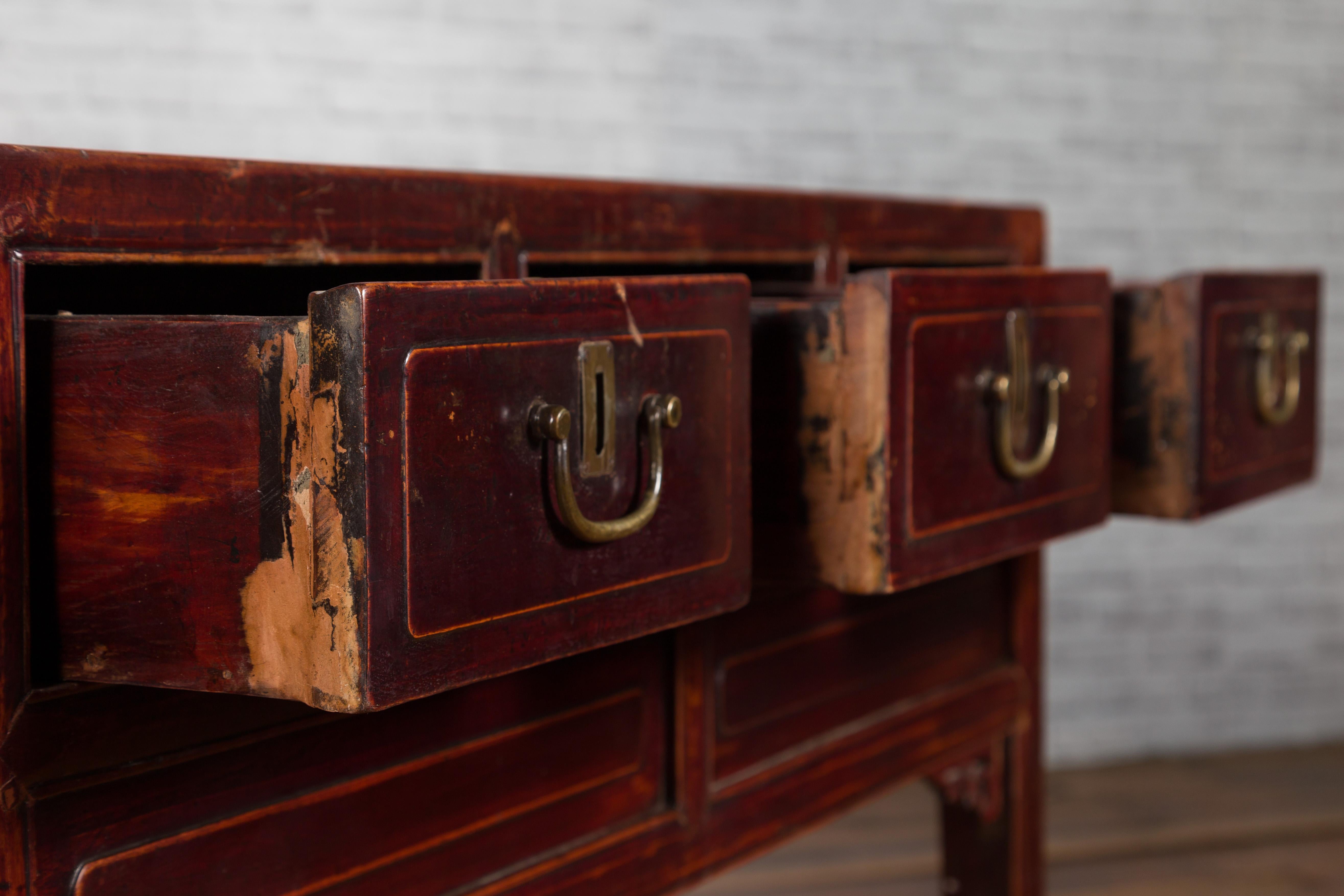 Chinese Antique Console Table with Drawers, Horse Hoof Legs and Dark Red Patina For Sale 4