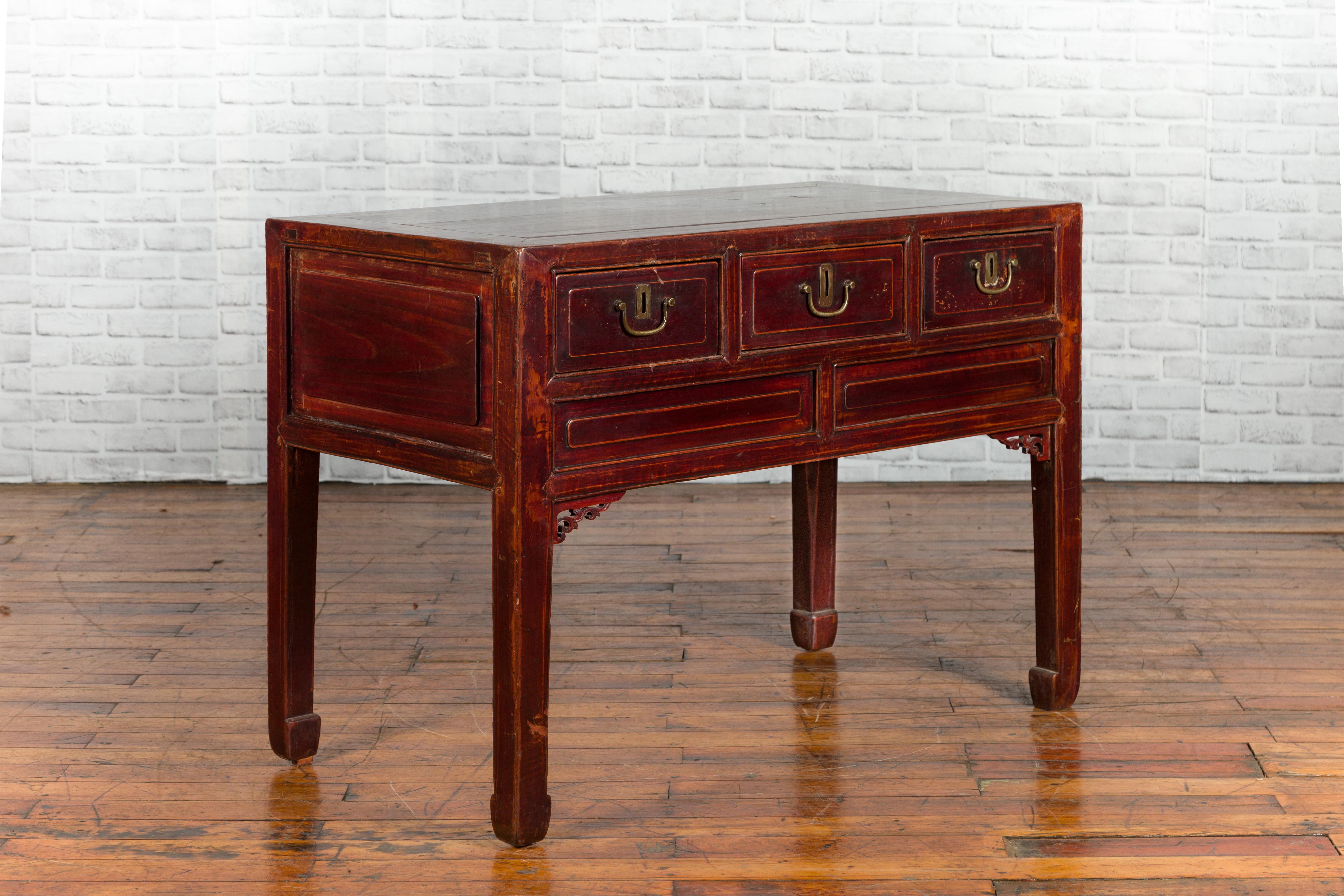 Chinese Antique Console Table with Drawers, Horse Hoof Legs and Dark Red Patina For Sale 5