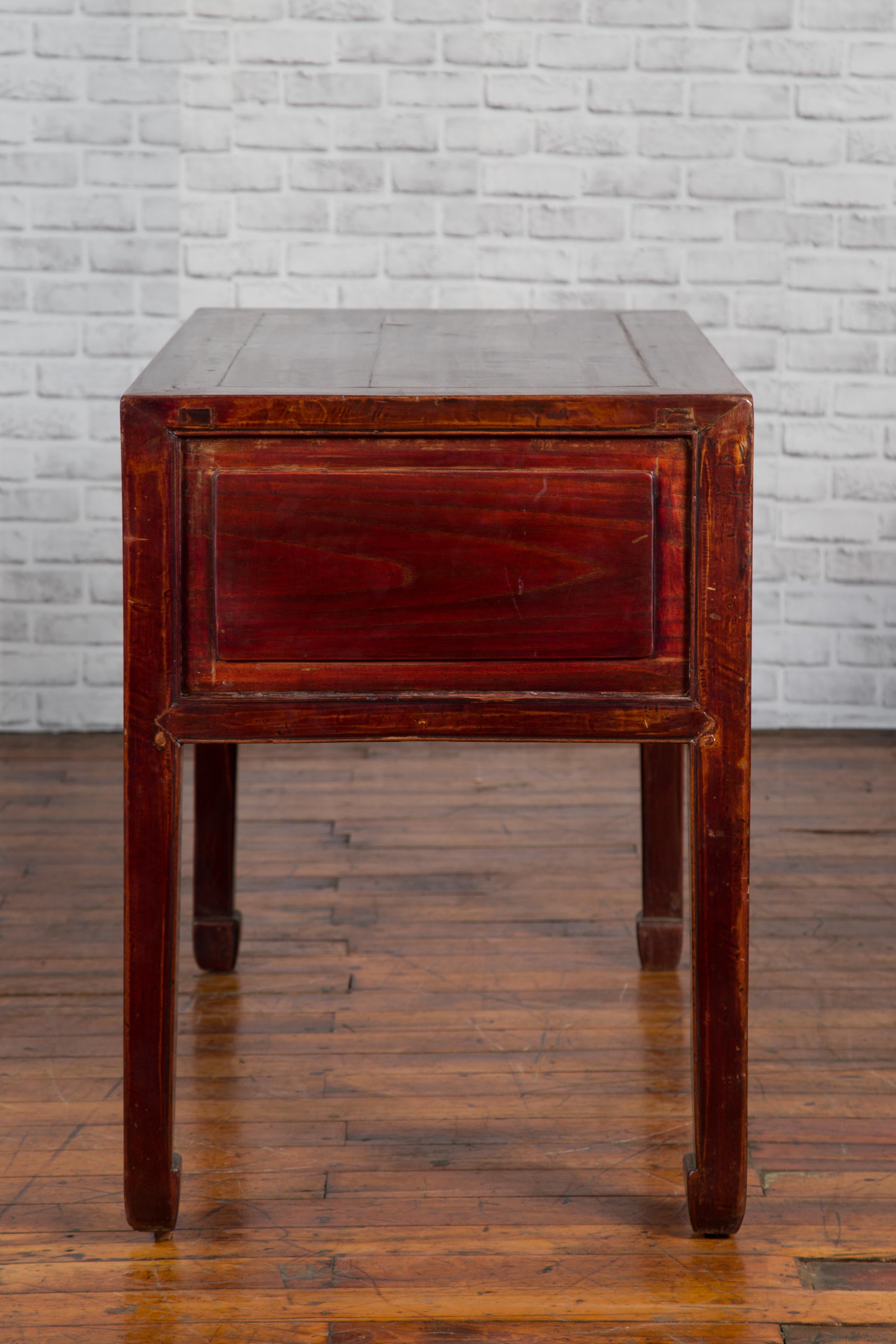 Chinese Antique Console Table with Drawers, Horse Hoof Legs and Dark Red Patina For Sale 6