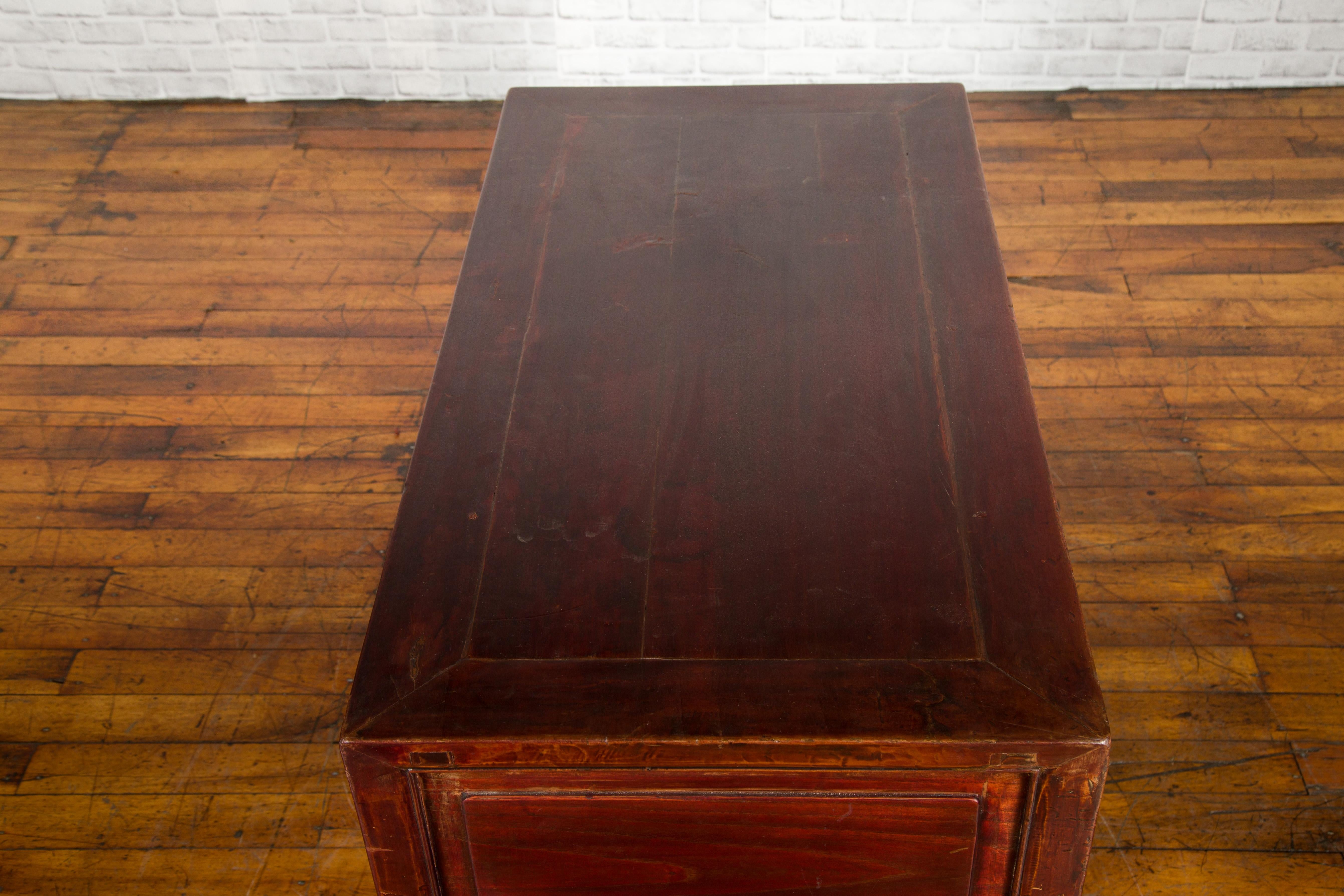 Chinese Antique Console Table with Drawers, Horse Hoof Legs and Dark Red Patina For Sale 7