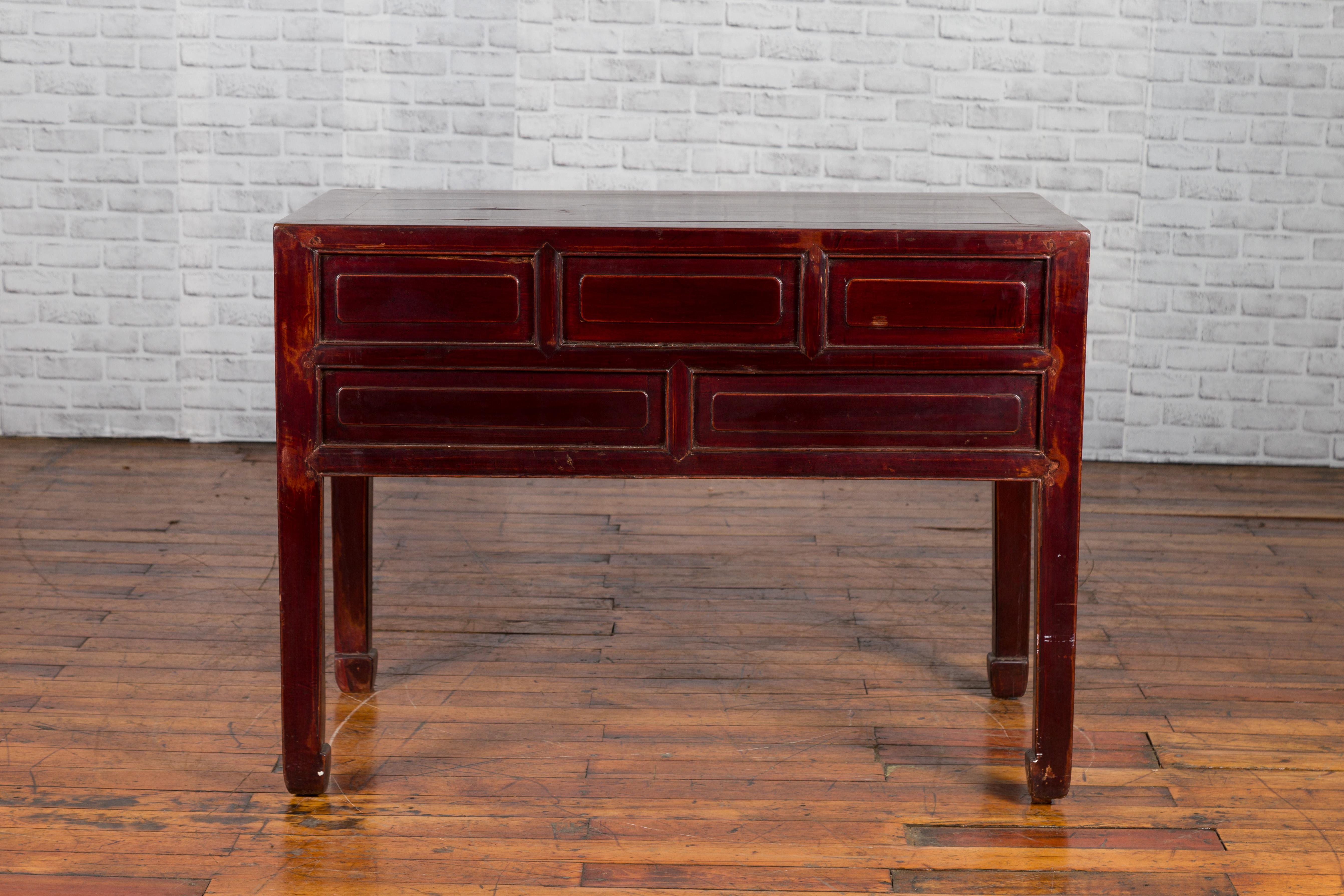 Chinese Antique Console Table with Drawers, Horse Hoof Legs and Dark Red Patina For Sale 8