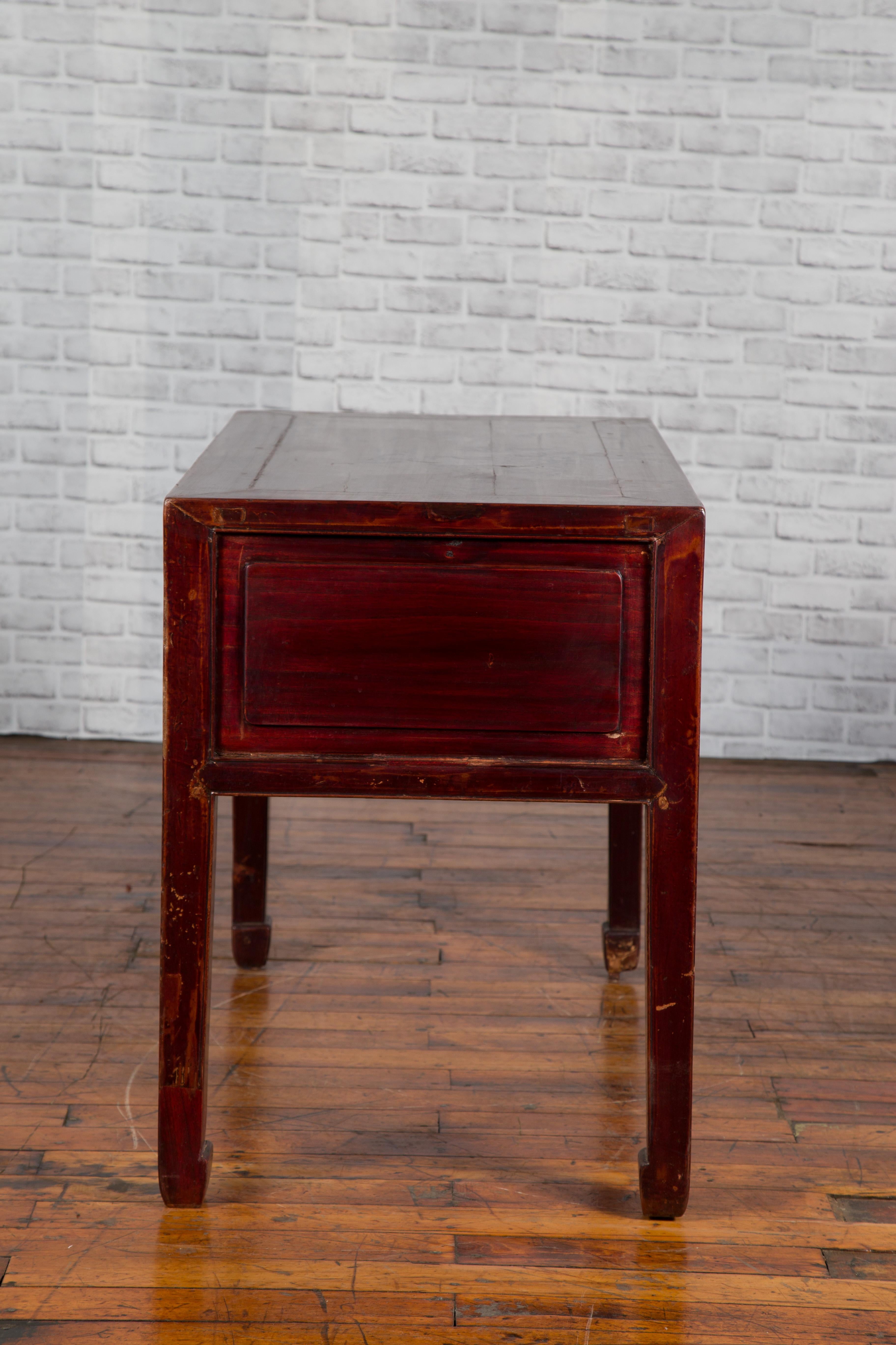 Chinese Antique Console Table with Drawers, Horse Hoof Legs and Dark Red Patina For Sale 9