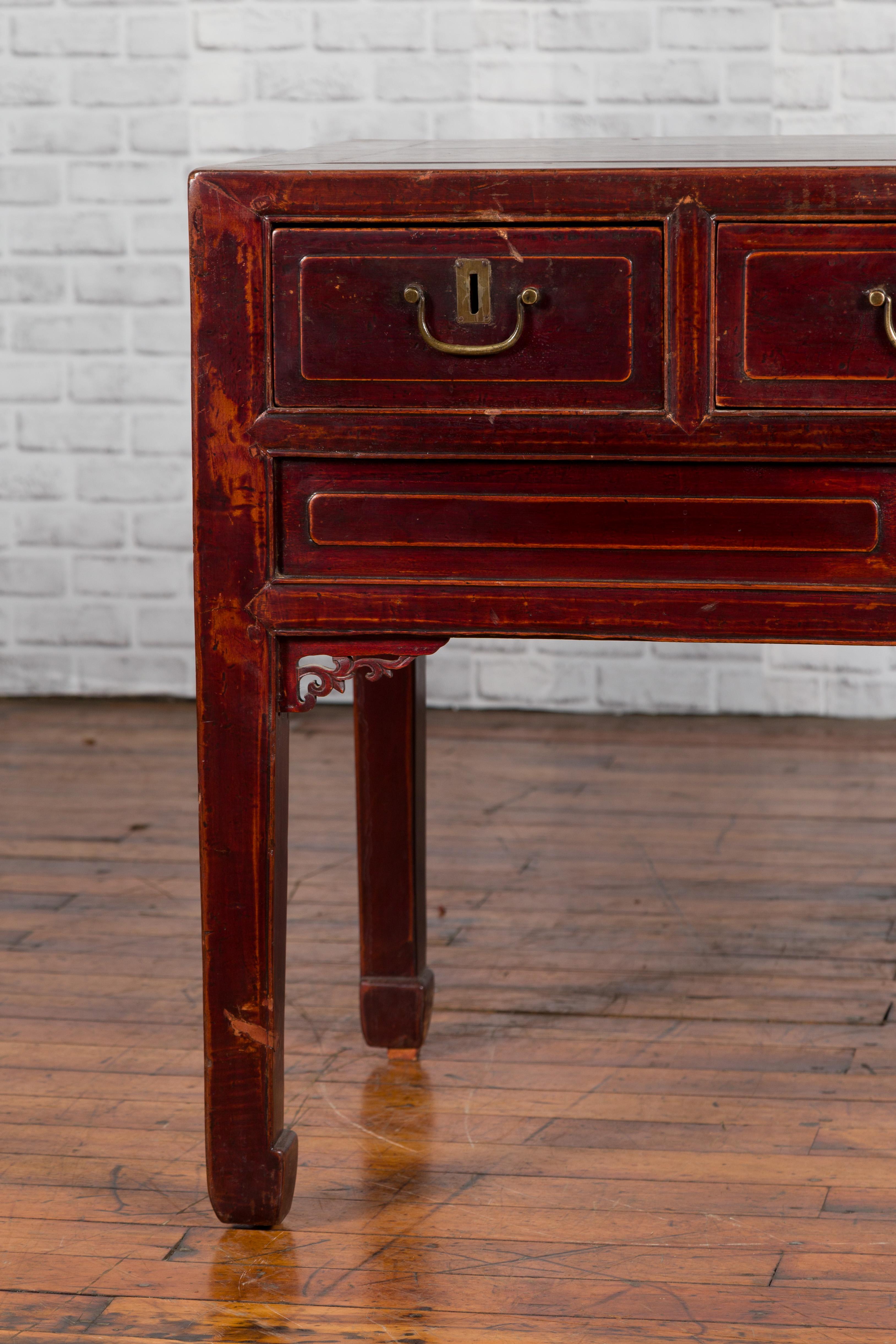 Chinese Antique Console Table with Drawers, Horse Hoof Legs and Dark Red Patina In Good Condition For Sale In Yonkers, NY