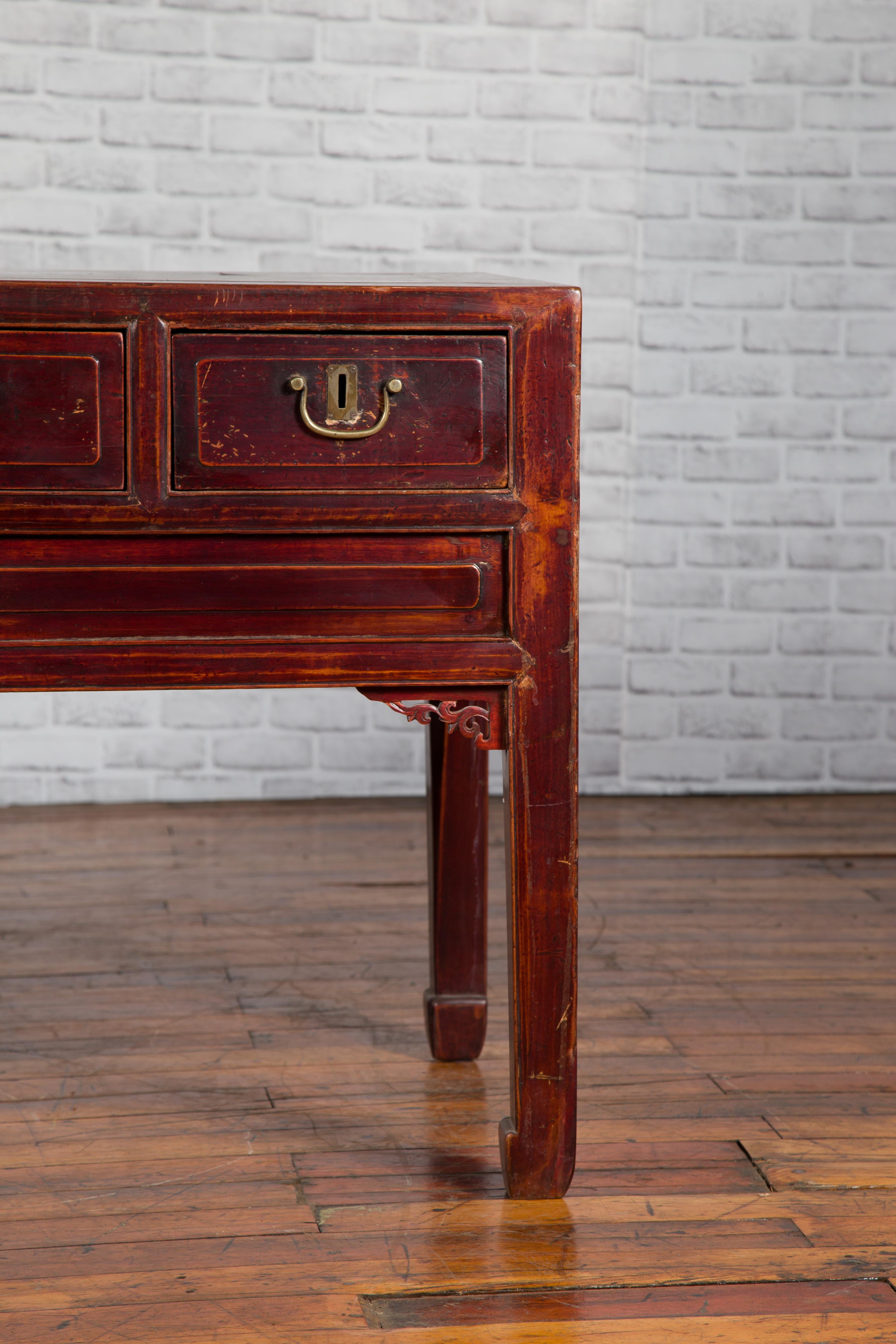 20th Century Chinese Antique Console Table with Drawers, Horse Hoof Legs and Dark Red Patina For Sale