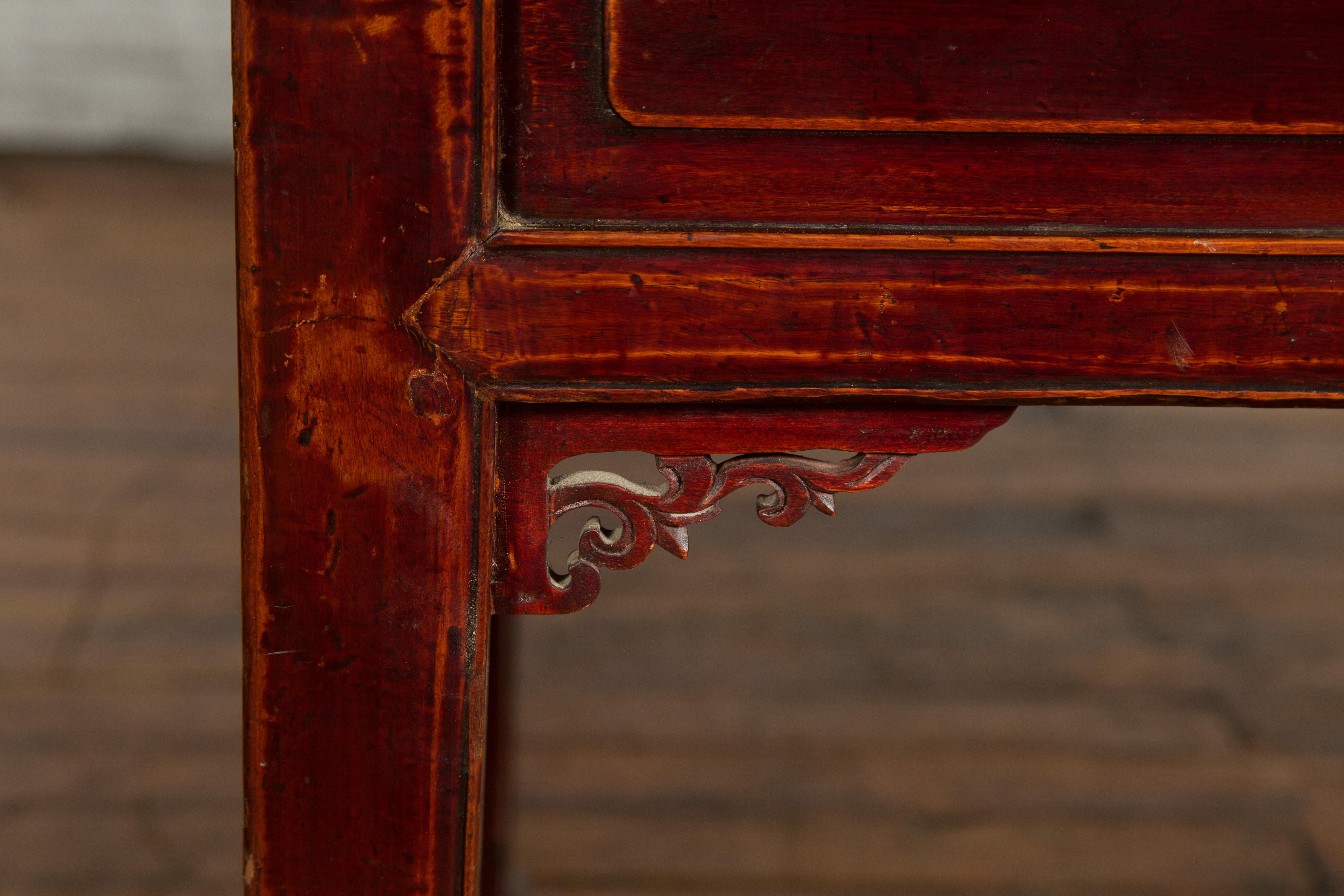 Wood Chinese Antique Console Table with Drawers, Horse Hoof Legs and Dark Red Patina For Sale