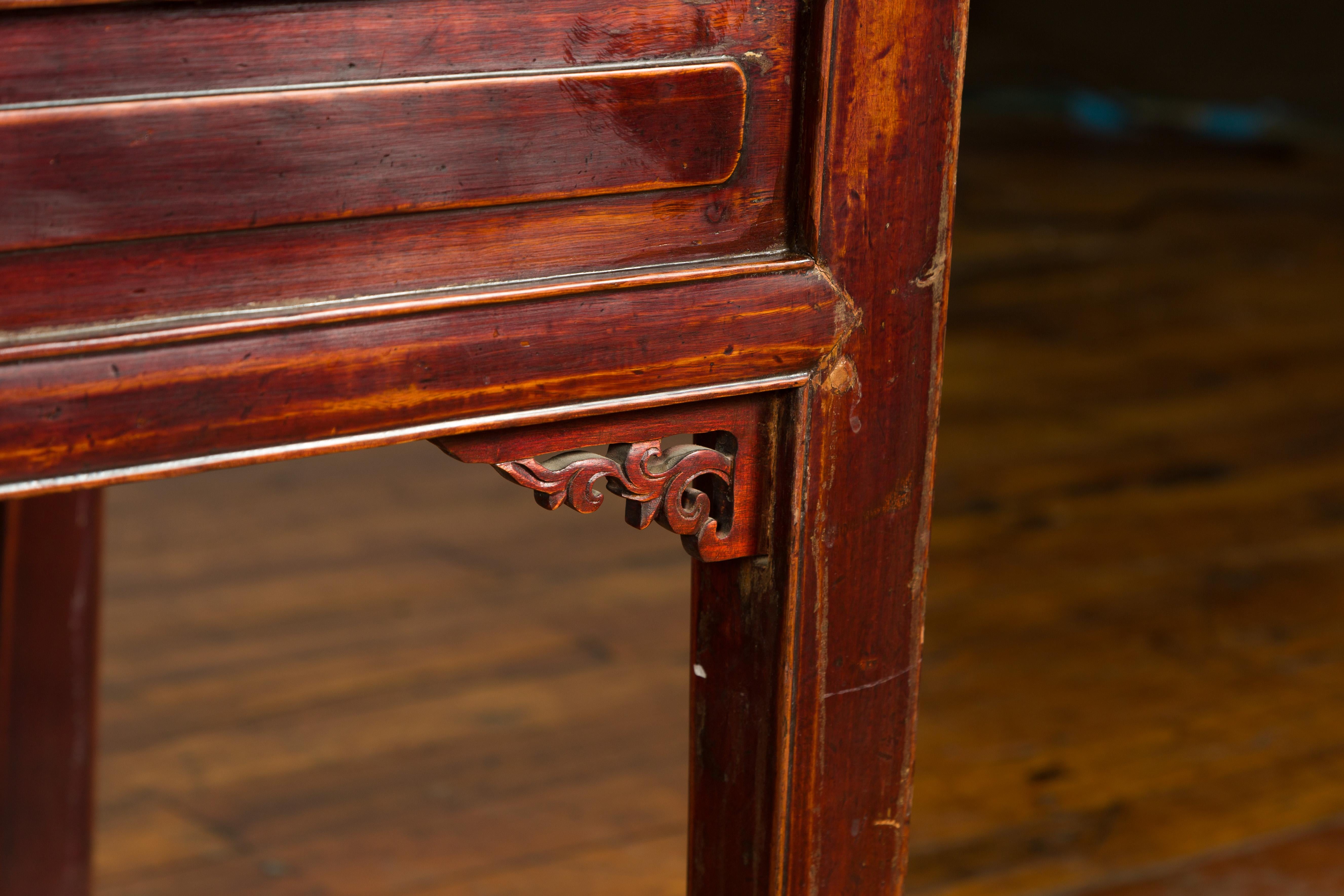 Chinese Antique Console Table with Drawers, Horse Hoof Legs and Dark Red Patina For Sale 1