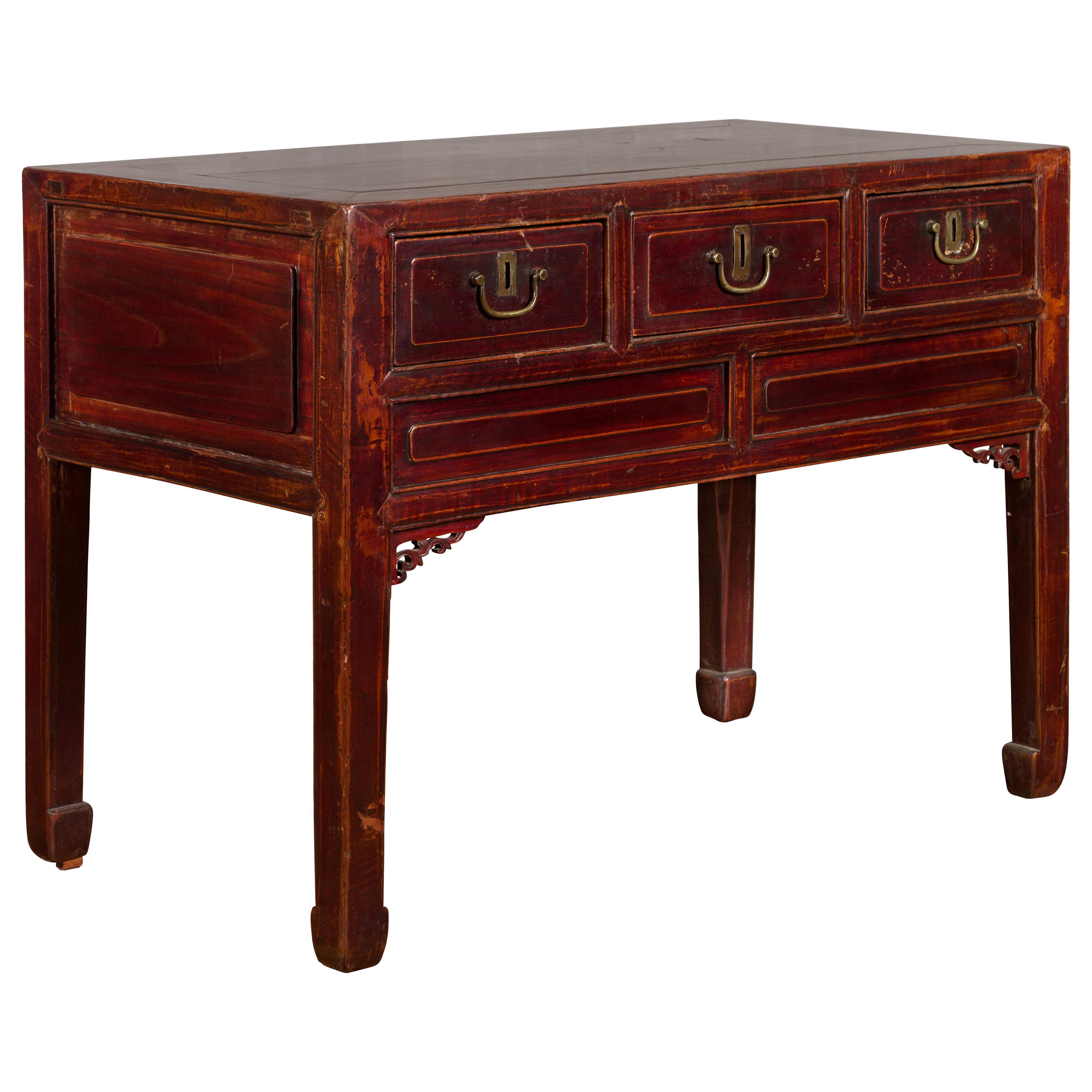 Chinese Antique Console Table with Drawers, Horse Hoof Legs and Dark Red Patina For Sale