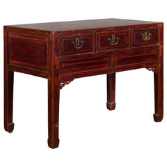Chinese Antique Console Table with Drawers, Horse Hoof Legs and Dark Red Patina
