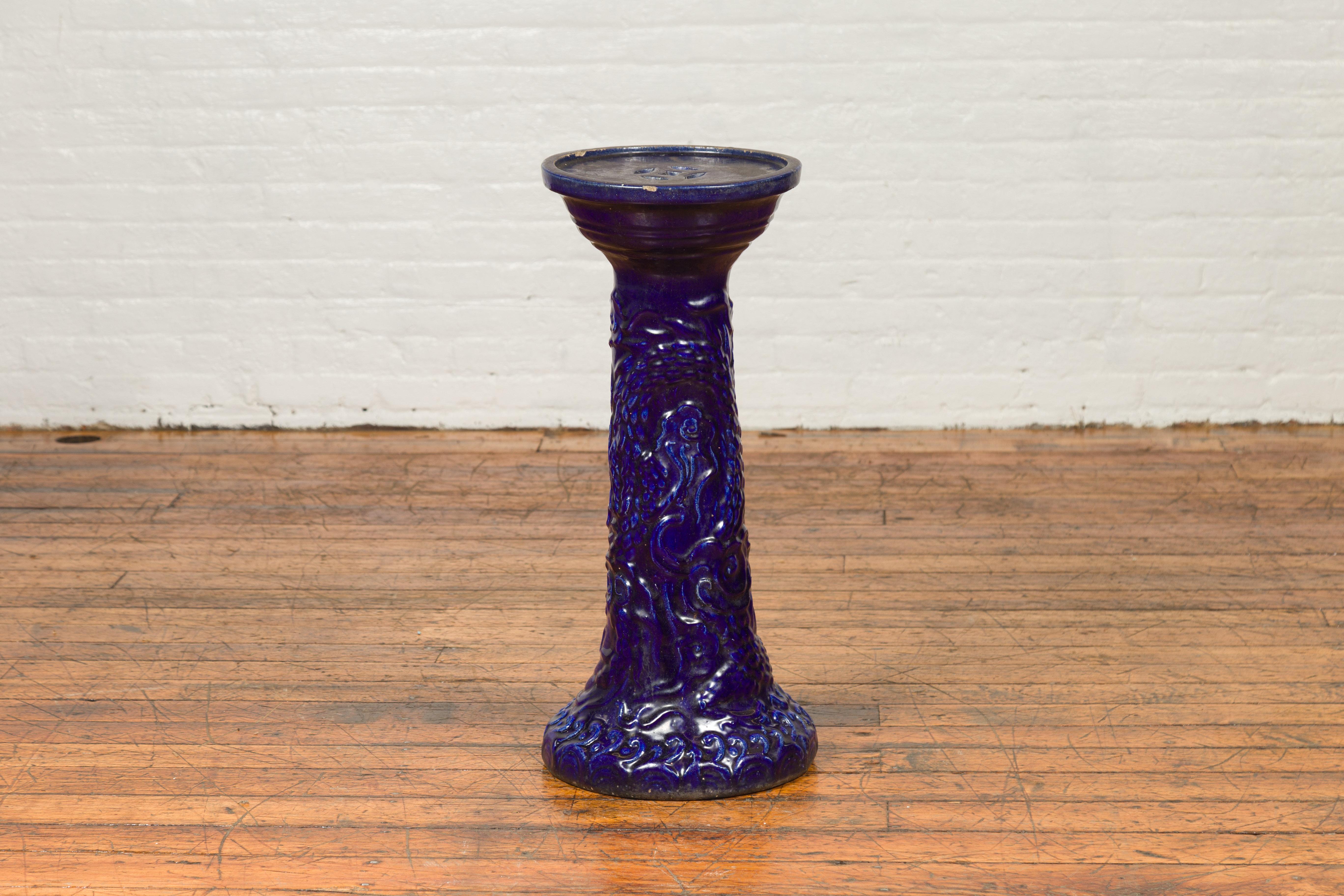Chinese Antique Dark Blue Glazed Artisan Pedestal Stand with Scrolling Effects 2