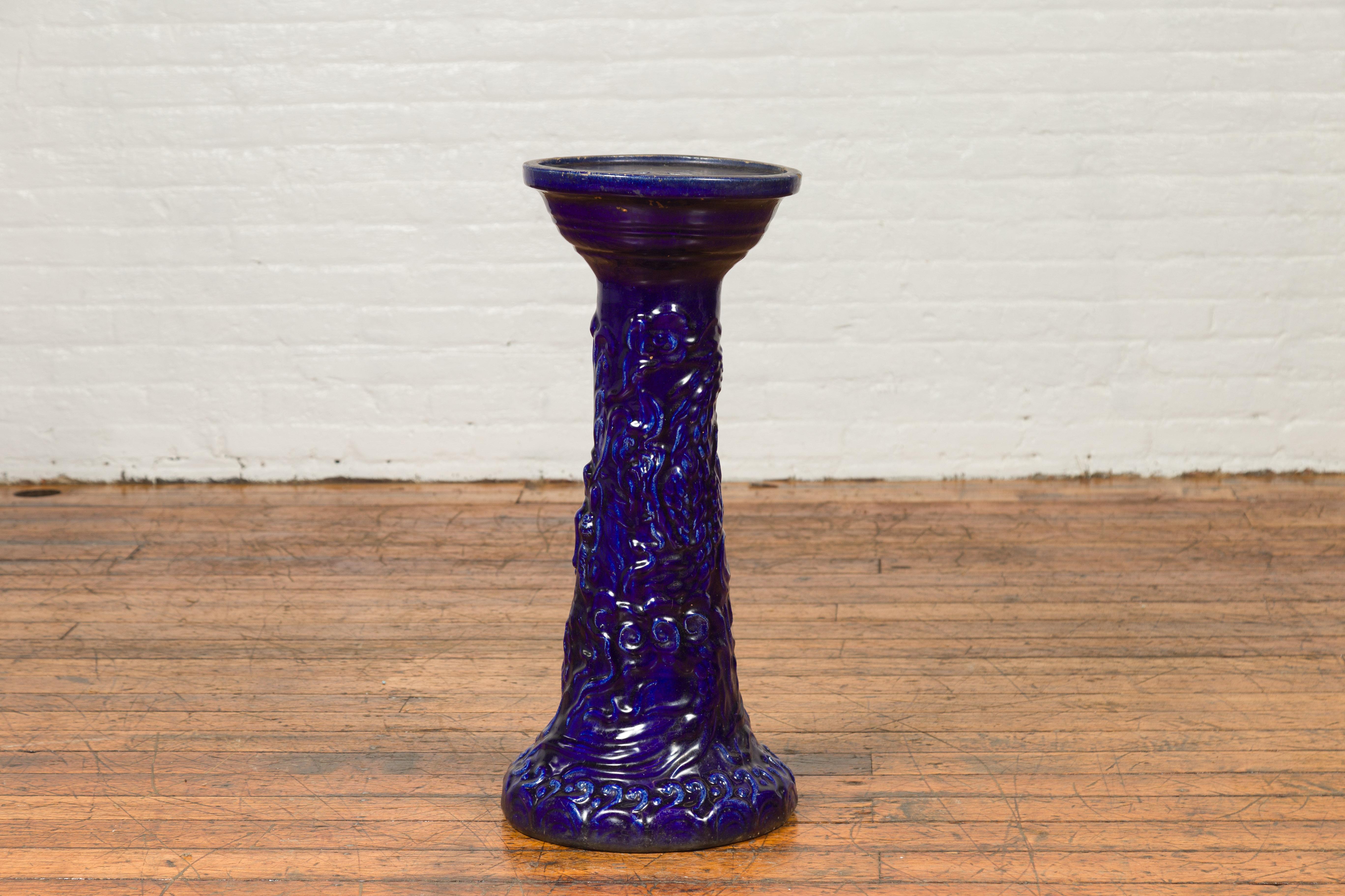 Chinese Antique Dark Blue Glazed Artisan Pedestal Stand with Scrolling Effects 3