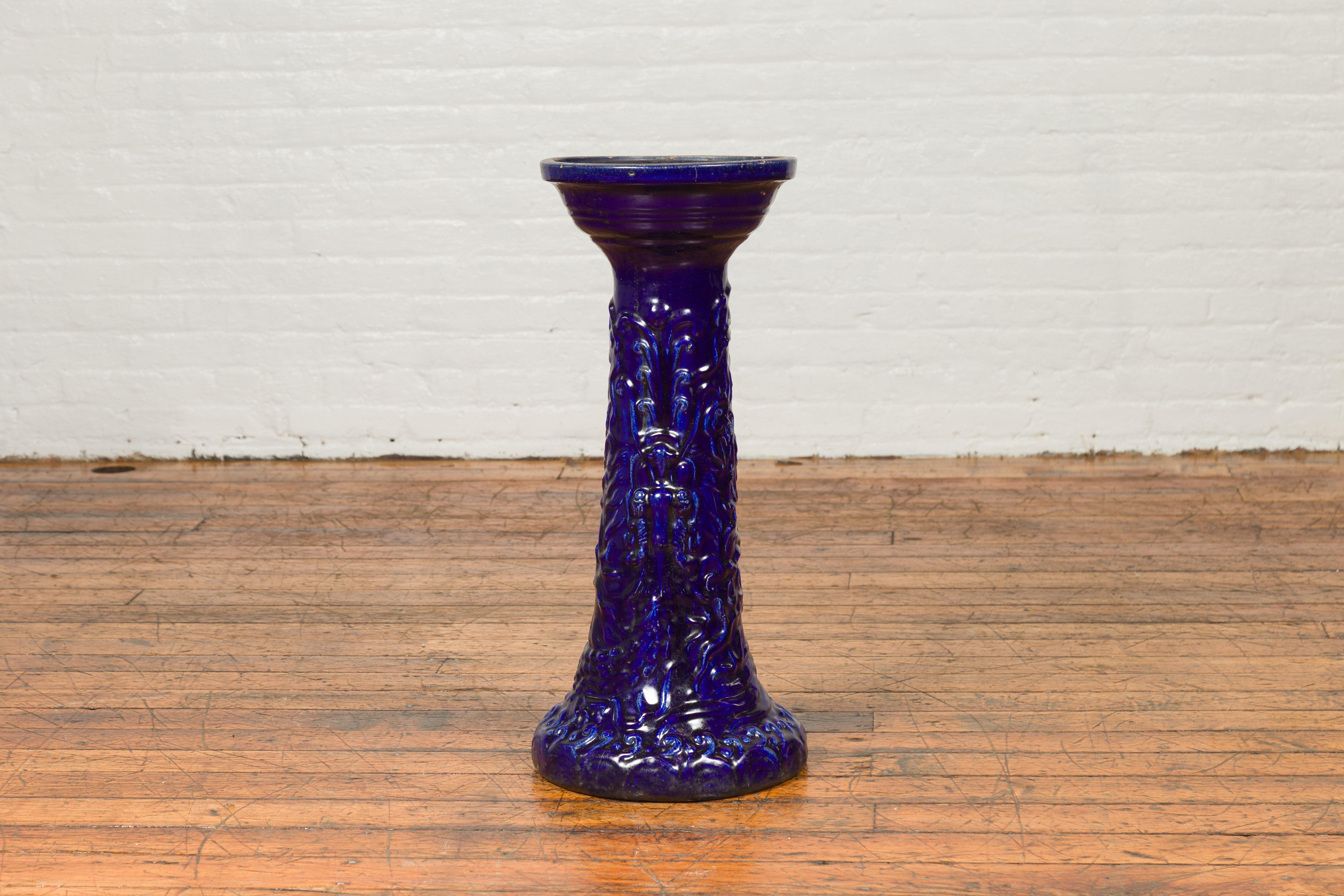Chinese Antique Dark Blue Glazed Artisan Pedestal Stand with Scrolling Effects 4