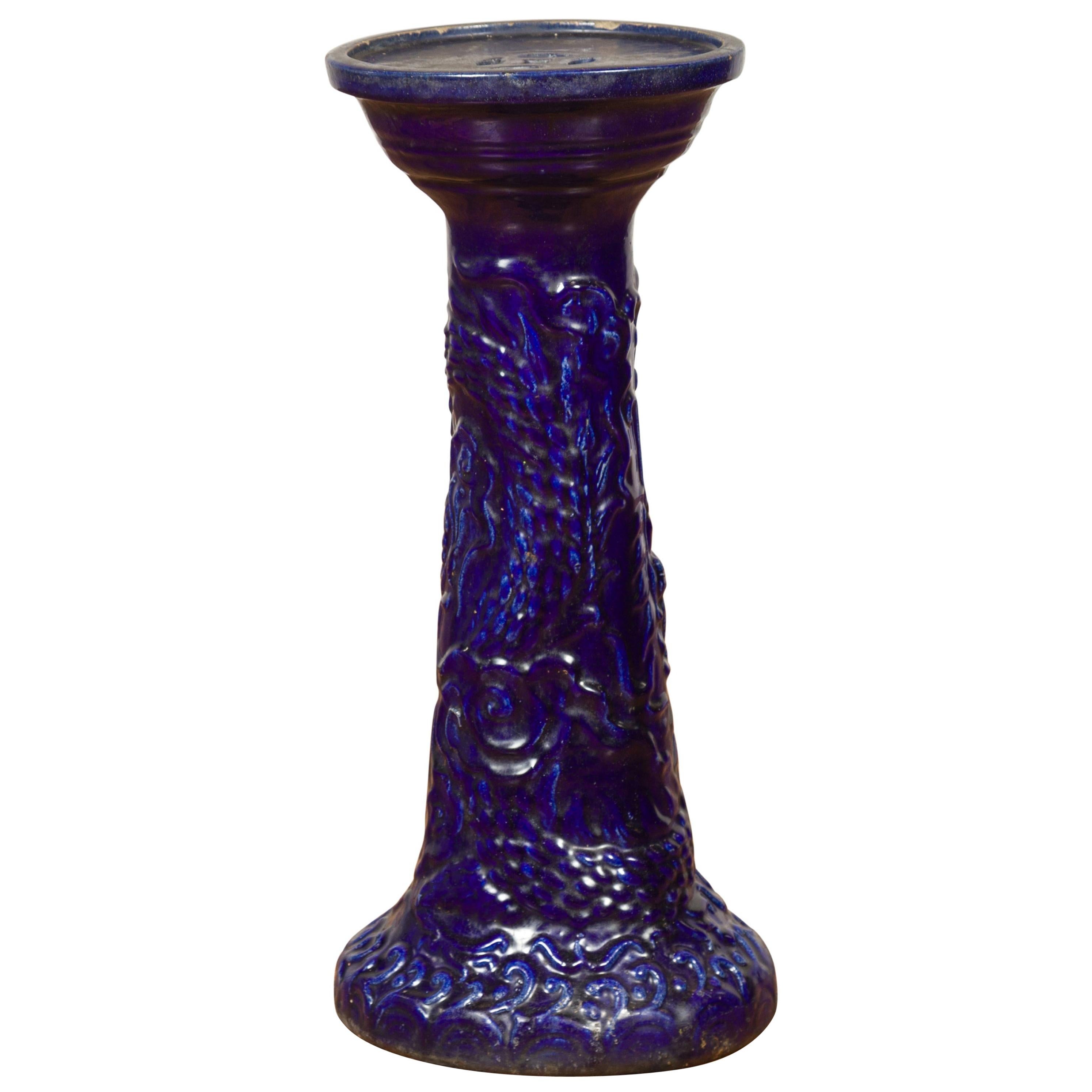 Chinese Antique Dark Blue Glazed Artisan Pedestal Stand with Scrolling Effects