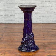 Chinese Antique Dark Blue Glazed Pedestal Stand with Raised Motifs