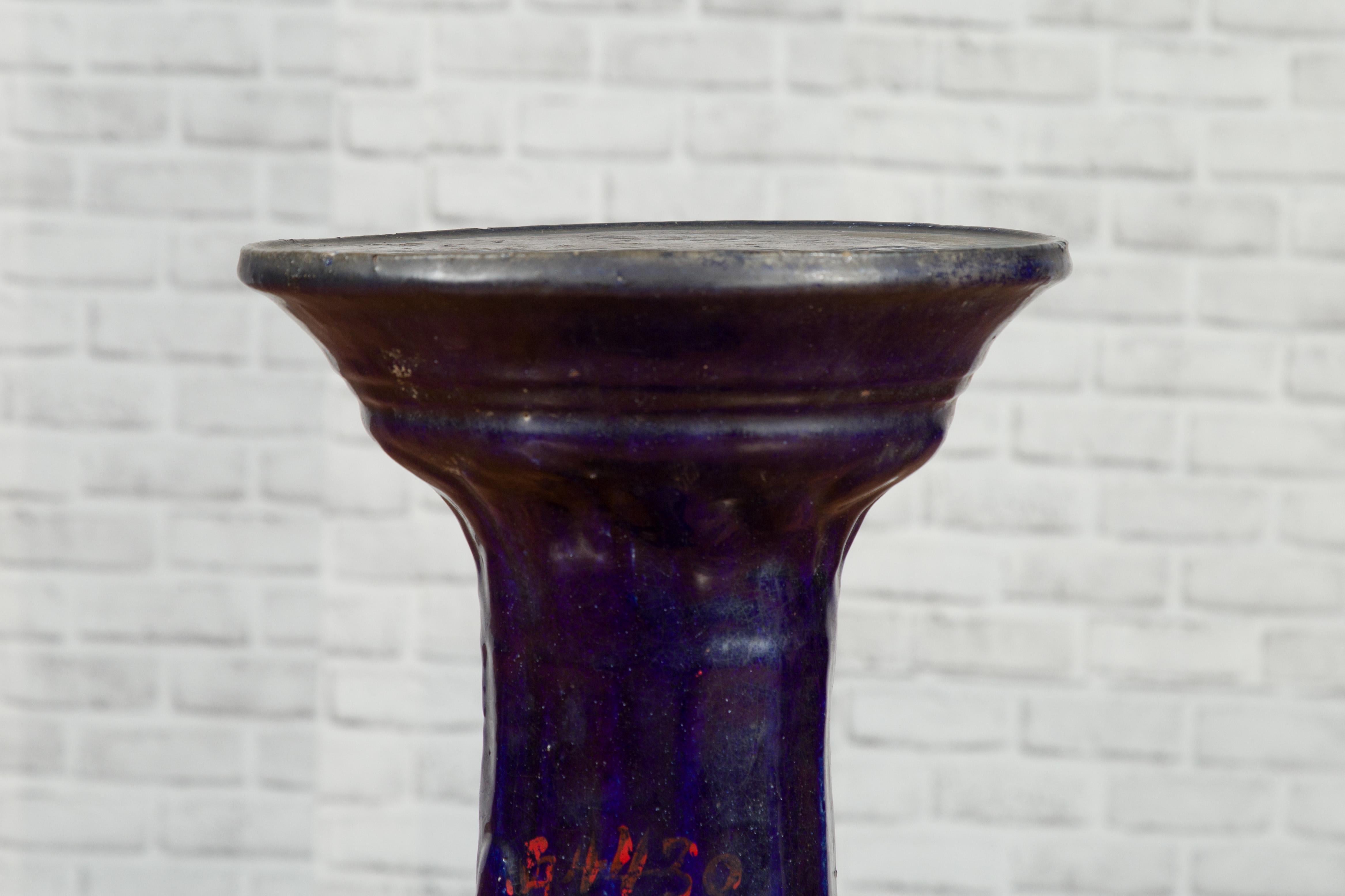 20th Century Chinese Antique Dark Blue Glazed Pedestal Stand with Raised Motifs For Sale