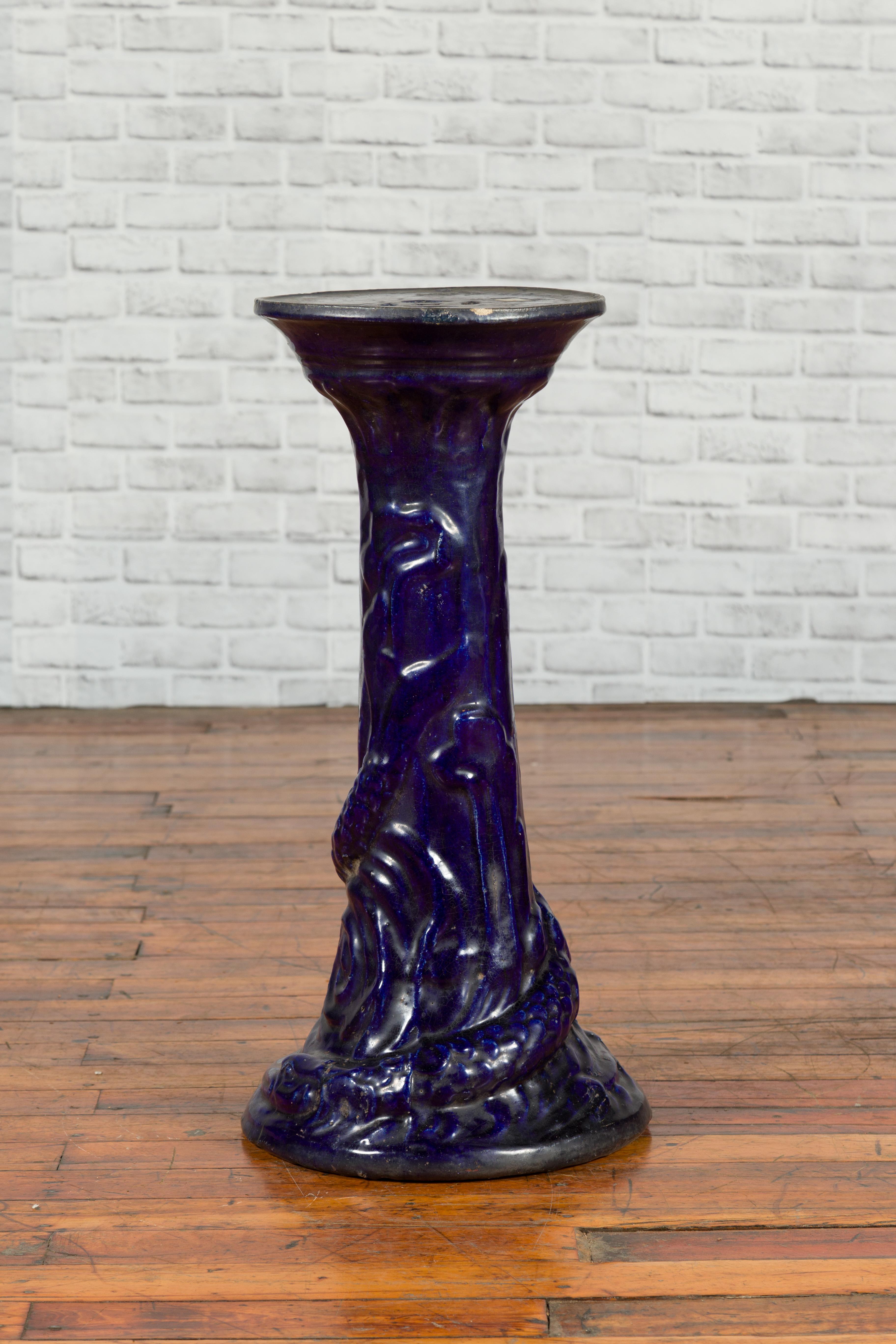 Chinese Antique Dark Blue Glazed Pedestal Stand with Raised Motifs For Sale 3