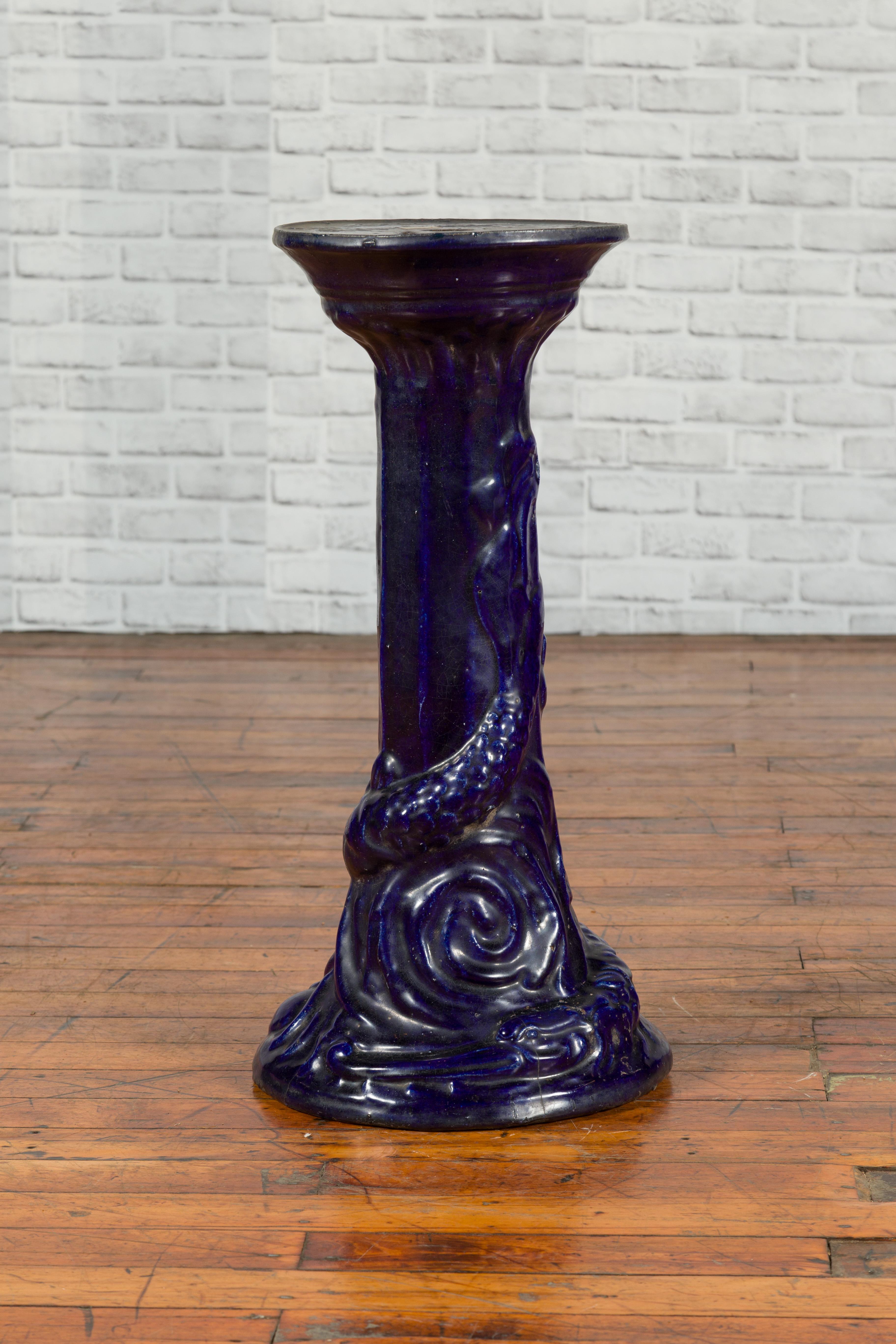 Chinese Antique Dark Blue Glazed Pedestal Stand with Raised Motifs For Sale 4