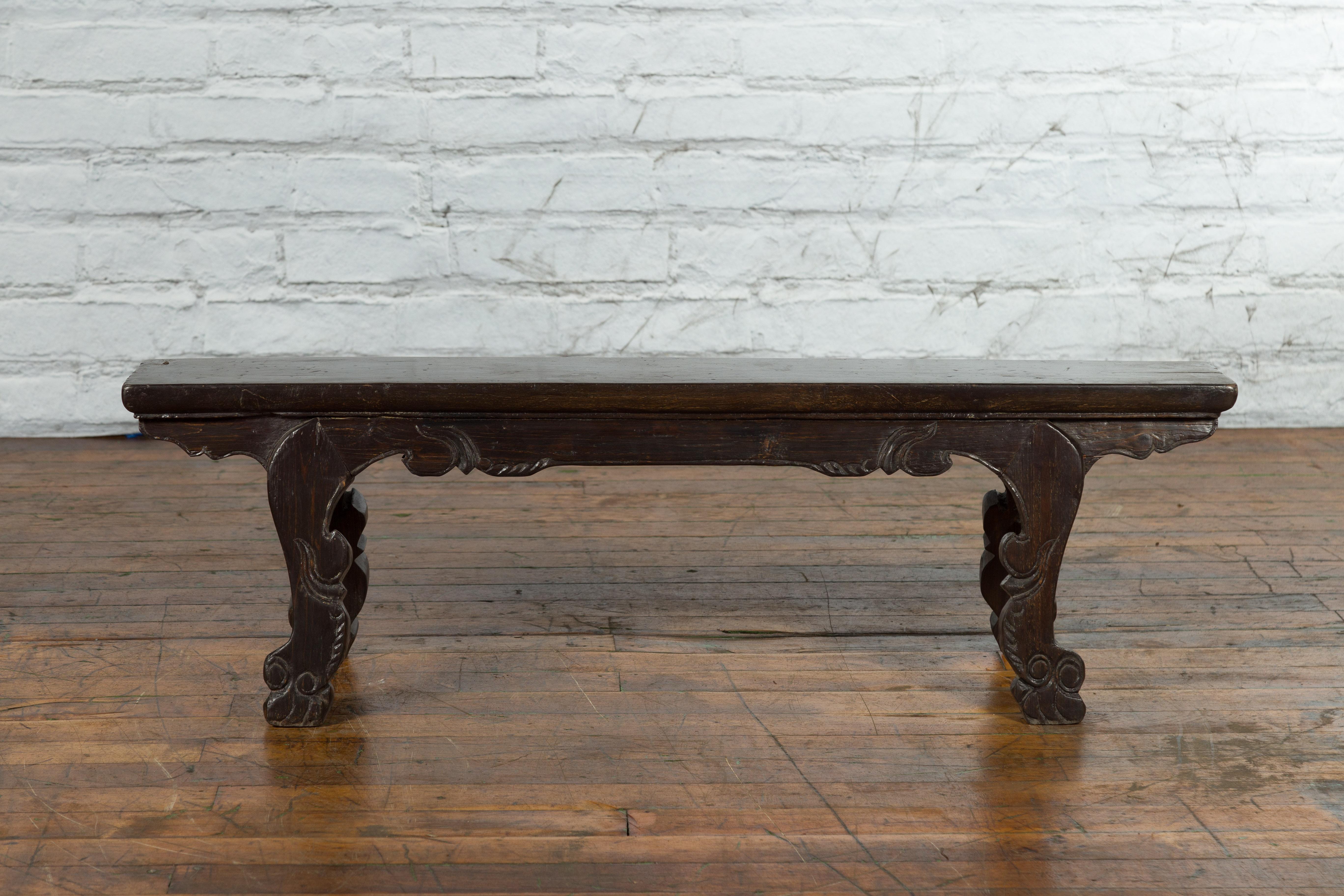 Chinese Antique Dark Brown Lacquered Low Display Table with Carved Legs For Sale 5